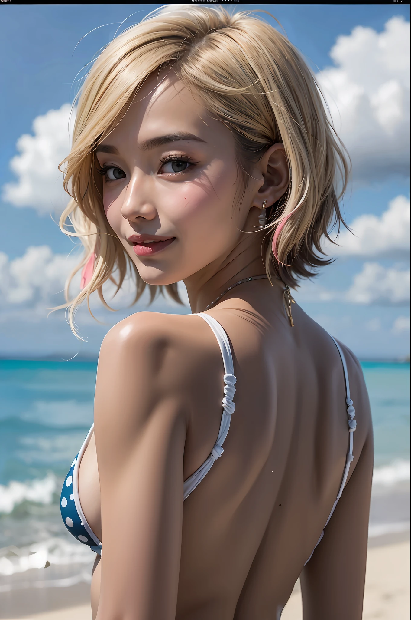 Ultra High Resolution, Best Quality, Photo, 16K, (Photorealistic: 1.2), Flashy Makeup, Fancy Swimsuit, Dark Skin, Ganguro, Gal, Kawaii, Sea, Smile, Double, Crisp Eyes, Tanned Skin, Wheat-Colored Spots, Sunburn Marks, Kawaii, Constriction, Back Appearance, Beach, Seaside, Sexy, Short Hair, Slender, Skinny, Breast Appeal, Back view photo, slim lower body, flashy hairstyle, bright hair color