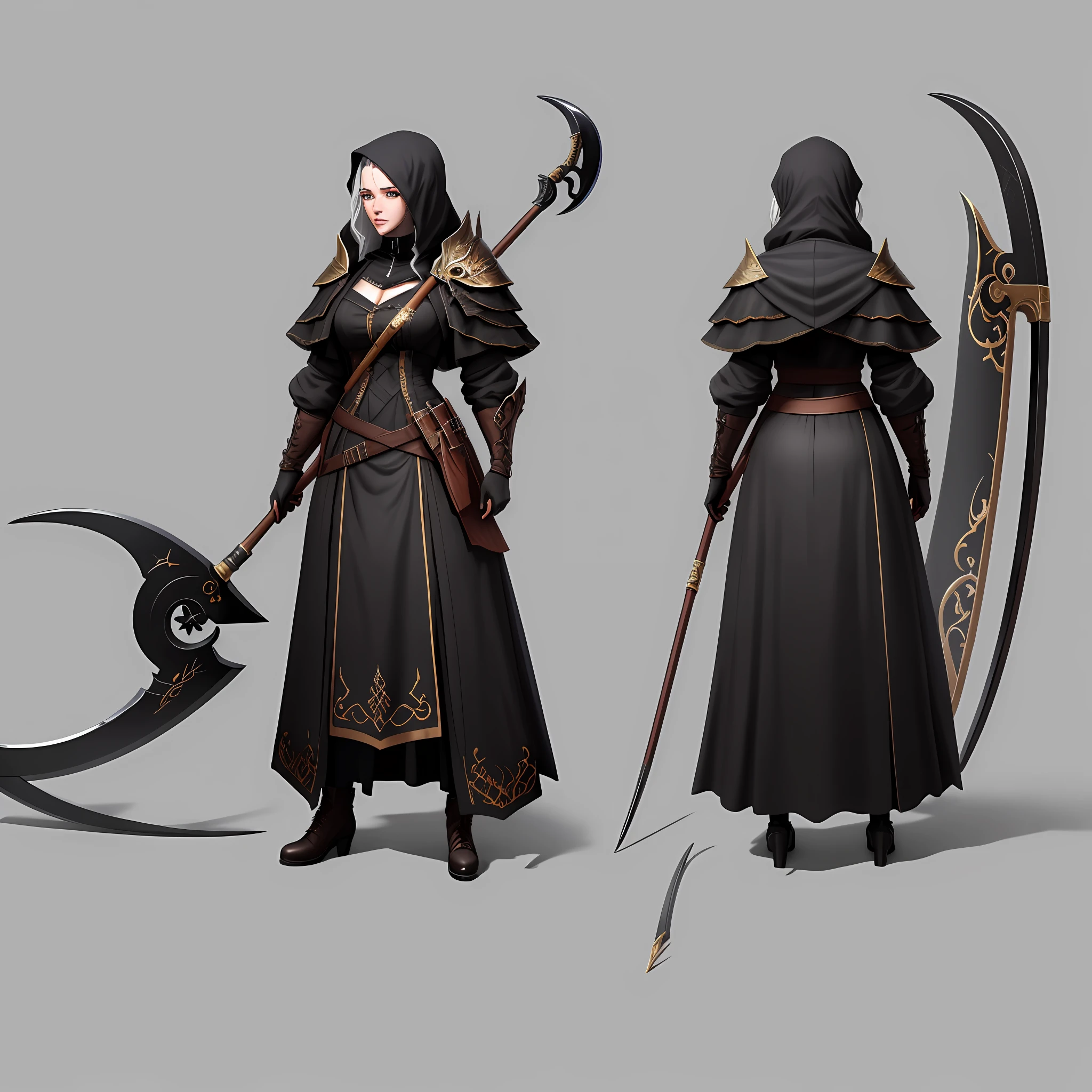 (absurdres, highres, ultra detailed), detailed scythe on sheet, fantasy scythe, grey background
