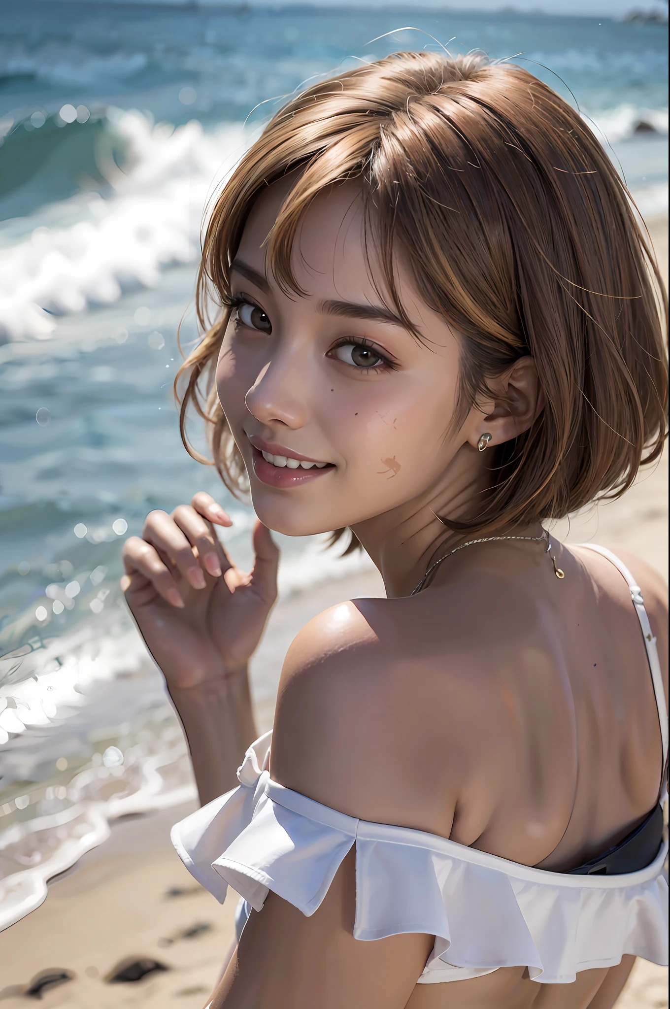 Ultra High Resolution, Best Quality, Photo, 16K, (Photorealistic: 1.2), Flashy Makeup, Fancy Swimsuit, Dark Skin, Ganguro, Gal, Kawaii, Sea, Smile, Double, Crisp Eyes, Tanned Skin, Wheat-Colored Spots, Sunburn Marks, Kawaii, Constriction, Back Appearance, Beach, Seaside, Sexy, Short Hair, Slender, Skinny, Breast Appeal, Back view photo, slim lower body, flashy hairstyle, bright hair color
