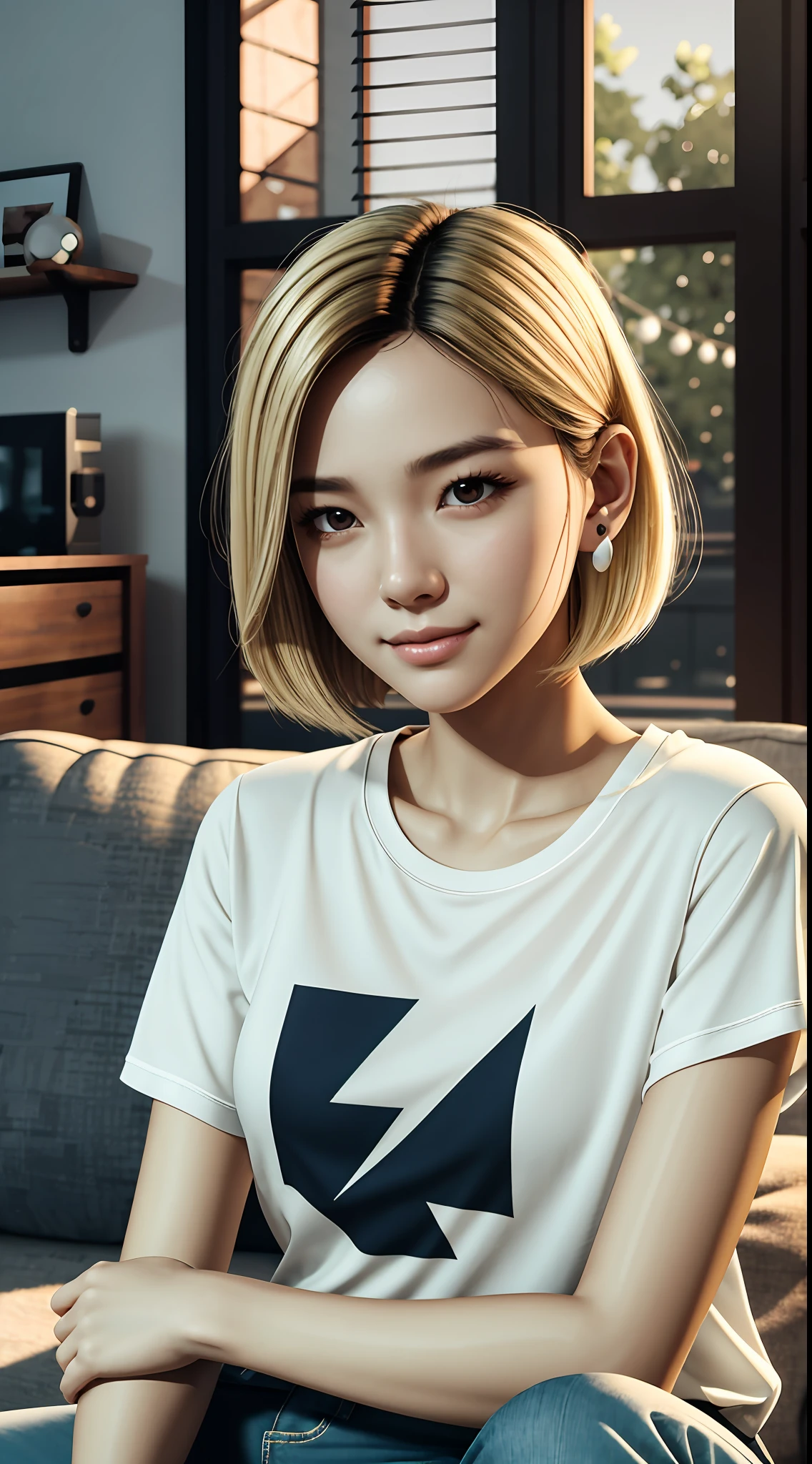 [22-year-old female],[face: round], [eyes: almond eye shape, blue color, thin and curved eyebrow shape], [Nose: Sticky shape, small hole], [Mouth: thick lip shape, Neat teeth], [Chin: Tyre chin shape, Sunken chin], [Hair: Short hairstyle, blonde color,], [Ears: Small ear shape], [skin: white skin color, Smooth skin texture], [Facial expression: smile], [Activity: Sitting on the sofa in the living room],
[Top clothes: T-shirt, brown color, plaid pattern, delicate texture, casual wear style, folded clothing design, well-maintained clothing condition]
Professional photograph of a stunning woman detailed, cinematic lightning, octane render, unreal engine, volumetrics dtx