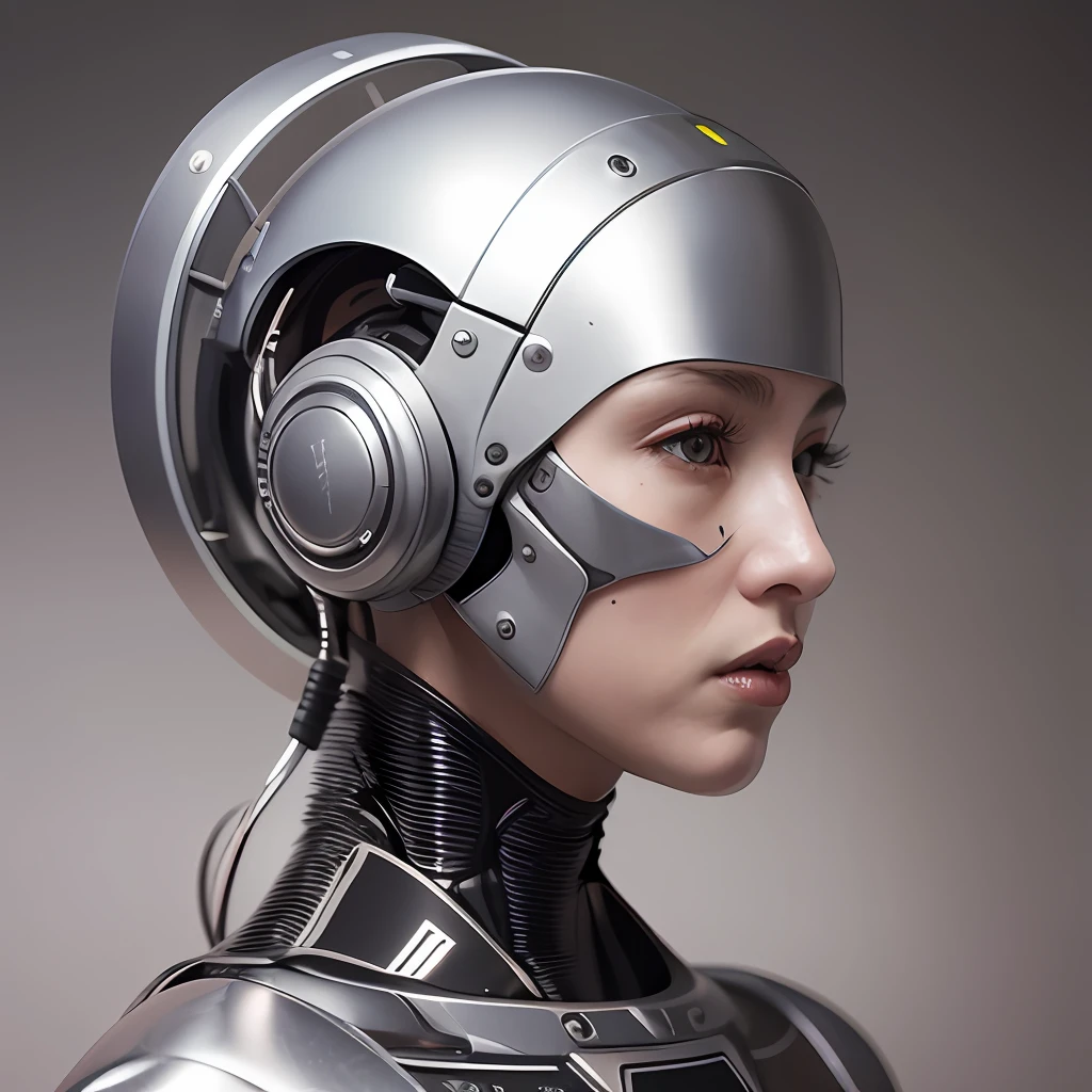 (Top Quality, 8k, 32k, Masterpiece, UHD: 1.2), Japan Beauties Complex 3D Rendering Beautiful Porcelain Profile Ultra Detail Female Android Face, Cyborg, Robot Parts, 150mm, Beautiful Studio Soft Light, Rim Light, Vivid Detail, Gorgeous Cyberpunk, Race, Ultrareal, Anatomical, Facial Muscles, Cable Electrical Wire, Microchip, elegant, beautiful background, octane rendering, HR giger style, 8k, top quality, masterpiece, illustration, very delicate and beautiful, highly detailed cg, unity, wallpaper, (realistic, photorealistic: 1.37), amazing, fine details, masterpiece, best quality, official art, highly detailed cg unity 8k wallpaper, absurd, incredibly absurd, robot, Silver Halmet, Full Body,