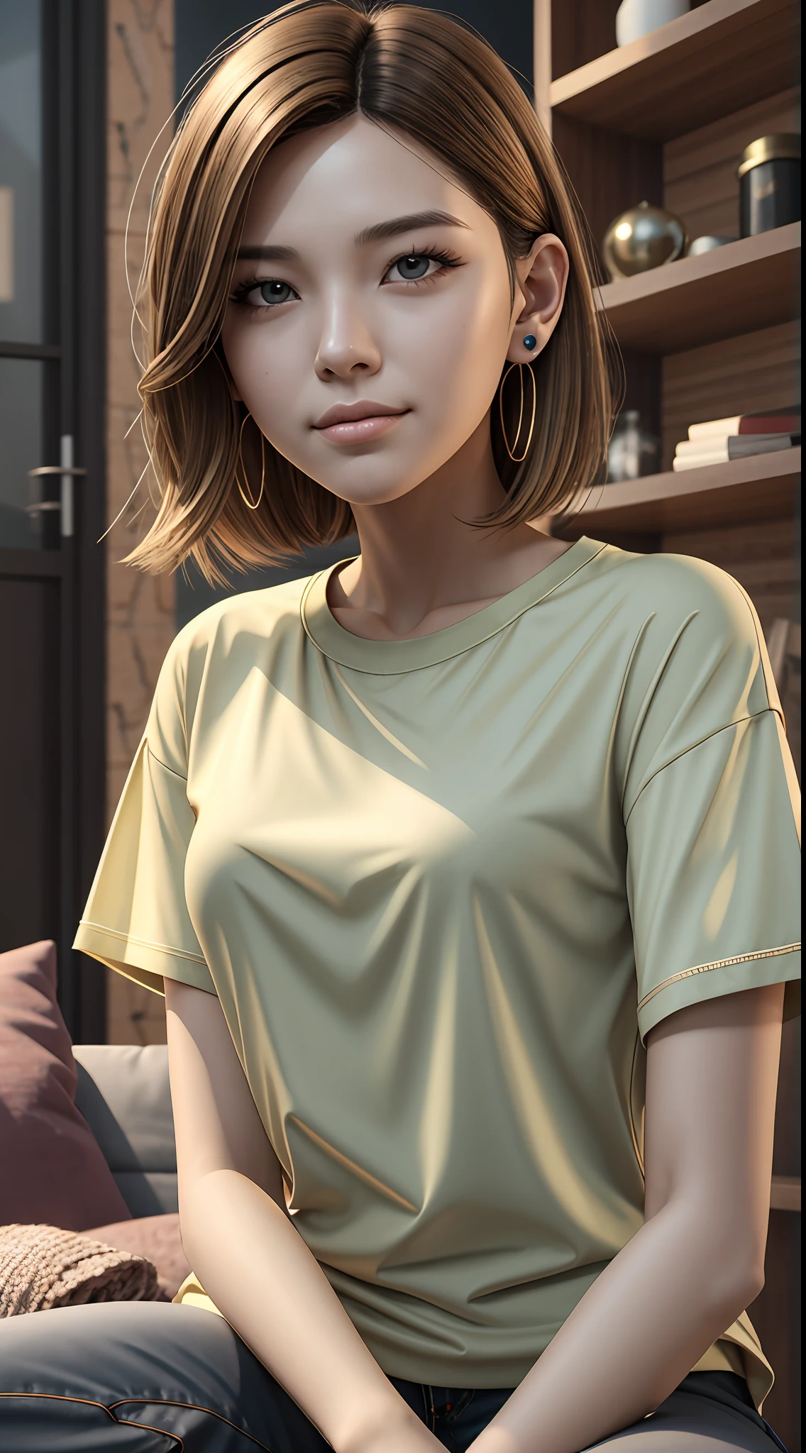 [22-year-old female],[face: round], [eyes: almond eye shape, blue color, thin and curved eyebrow shape], [Nose: Sticky shape, small hole], [Mouth: thick lip shape, Neat teeth], [Chin: Tyre chin shape, Sunken chin], [Hair: Short hairstyle, blonde color,], [Ears: Small ear shape], [skin: white skin color, Smooth skin texture], [Facial expression: smile], [Activity: Sitting on the sofa in the living room],
[Top clothes: T-shirt, brown color, plaid pattern, delicate texture, casual wear style, folded clothing design, well-maintained clothing condition]
Professional photograph of a stunning woman detailed, cinematic lightning, octane render, unreal engine, volumetrics dtx