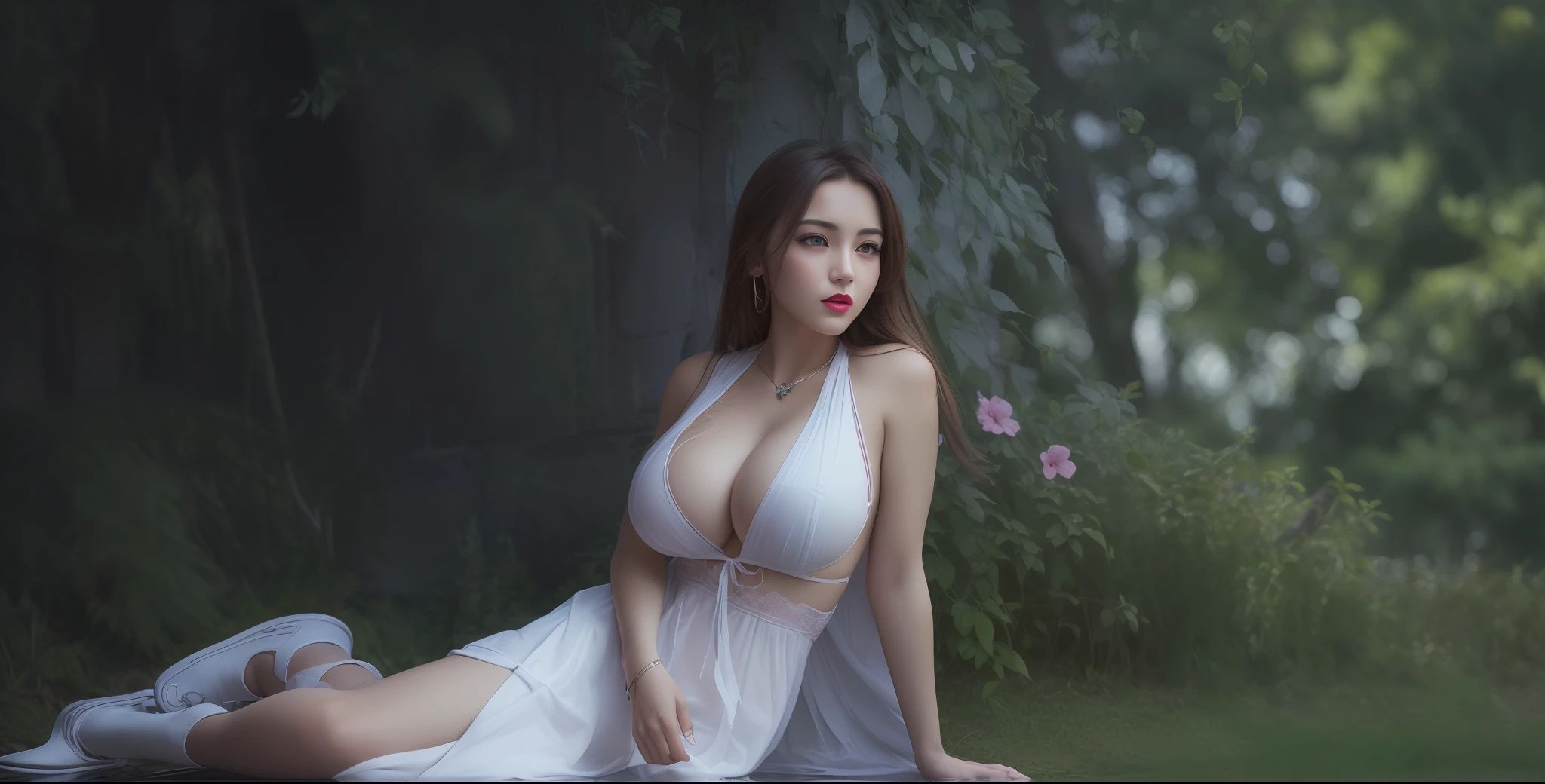(masterpiece, best quality, extremely detailed 8k, ultra hd, ultra-detailed, highly detailed, highly realistic, ultra-realistic, photo realistic), (1girl:1.5), (detailed realistic skin), (realistic big breasts), (pink lipstick), slender abs,
