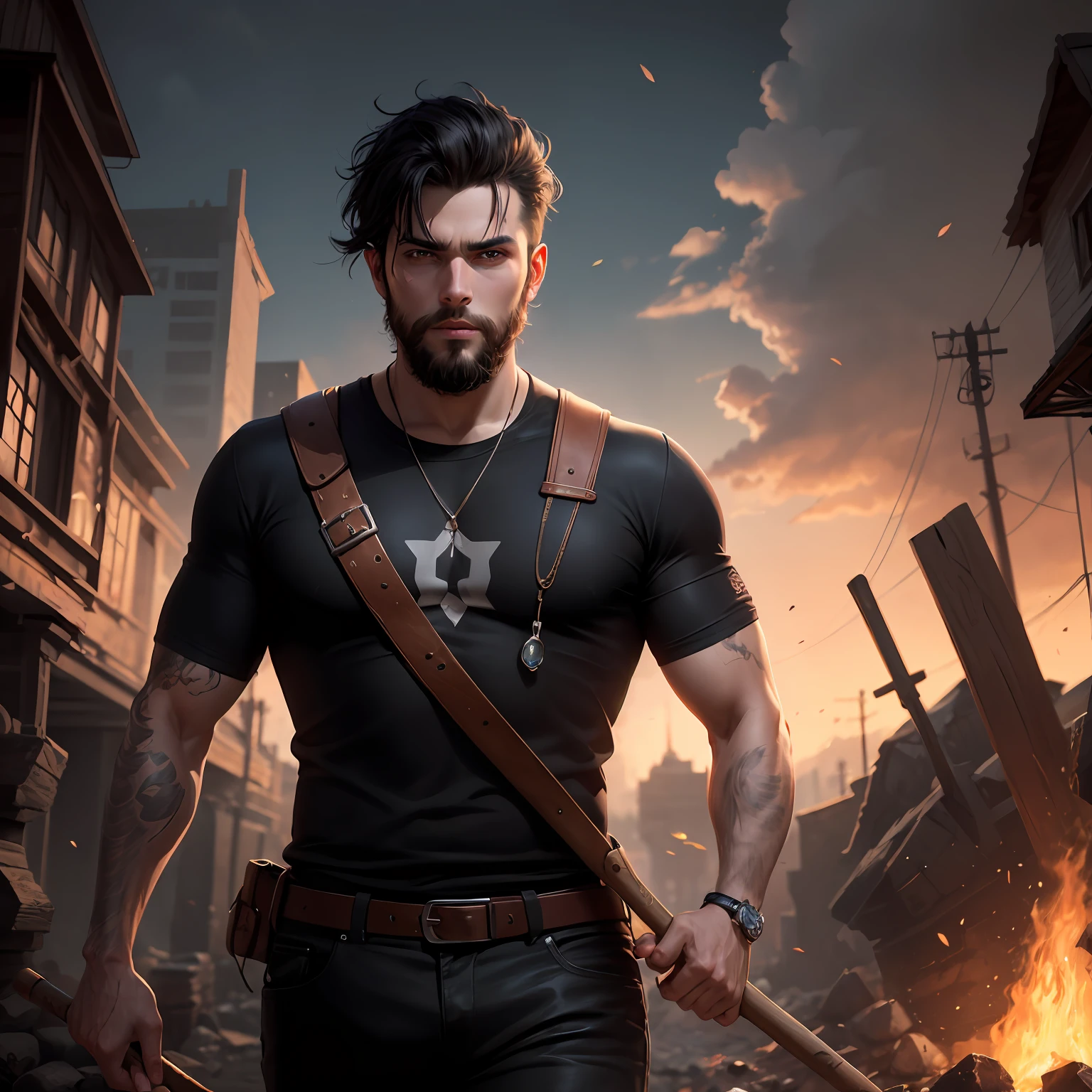 30-year-old boy, fair skin, straight short black hair, beard low on his face with a diamond pickaxe in his hand and the nether in the background --auto