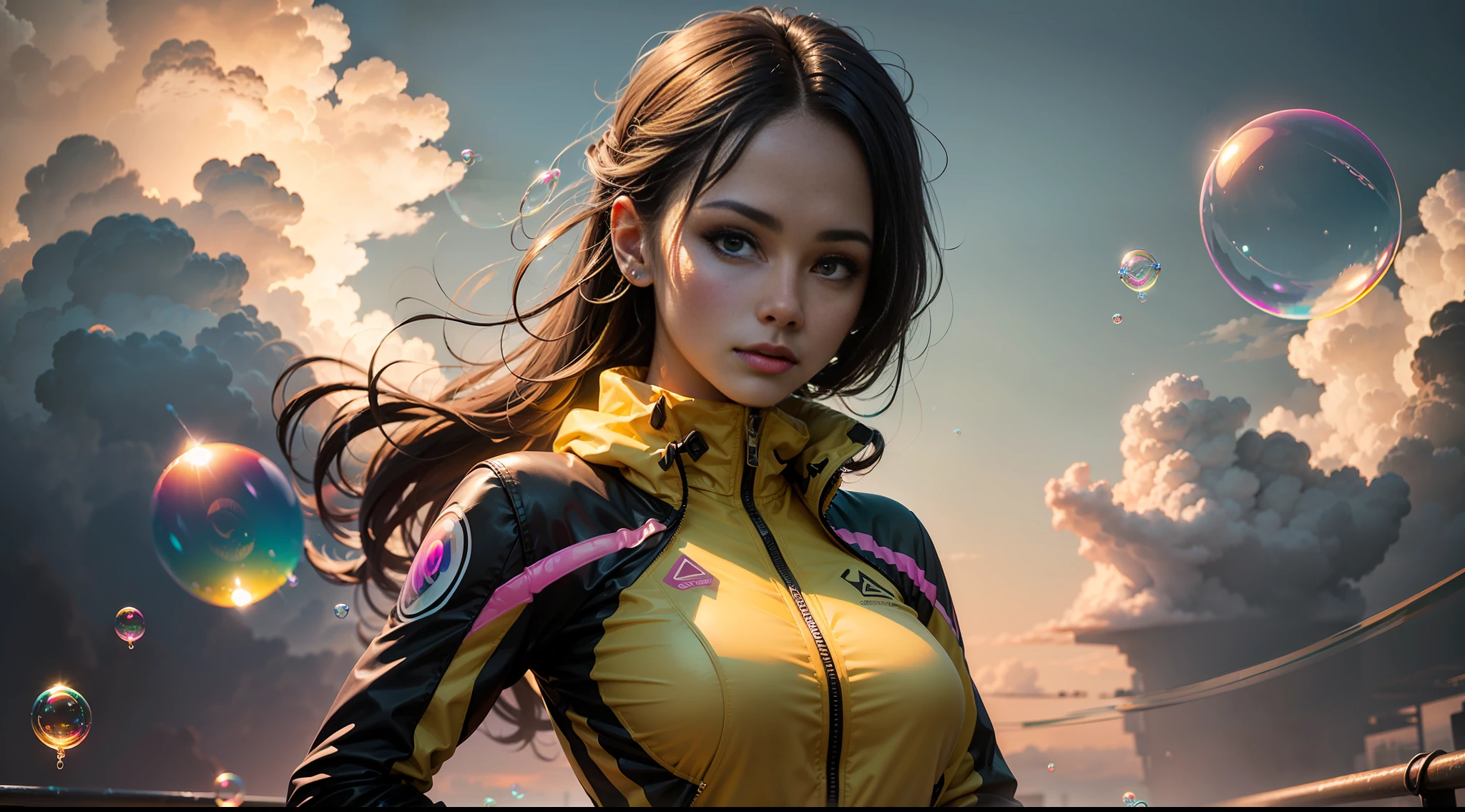 hd masterpiece, one standing woman looking at camera, detailed face, mid shot, golden suit, ((colorful clouds)) and (((neon soap bubbles)))