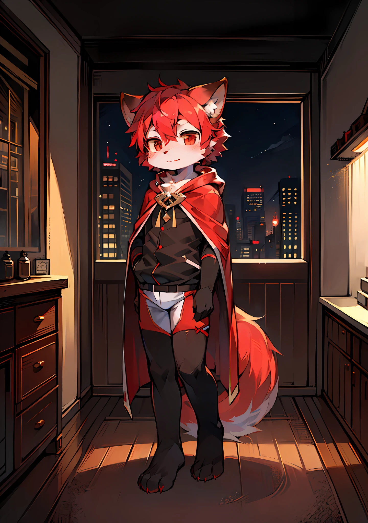 (Dark Environment: 0.8), Masterpiece, High Quality, Abstract Res, Digital Painting\(artwork\), by Dagasi, Yupa, Kiyosan, (Anthro, Fluffy Fur, Character Focus: 1.1), Anthro Male Cat, Short Hair, Portrait , bright eyes, panorama, character focus. (Detailed background: 0.7), Solo, Furry, Furry Male, Male Focus, Anthr, (Full body fur, Fluffy tail, Red fur, Red eyes, Red hair, White cheeks: 1.2), (Long canine, Cape: 1.2), (Interior, Night, Building, Firm Eyes: 1.1)
