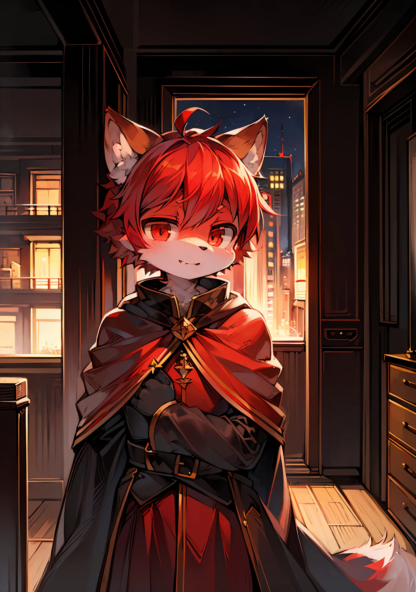 (Dark Environment: 0.8), Masterpiece, High Quality, Abstract Res, Digital Painting\(artwork\), by Dagasi, Yupa, Kiyosan, (Anthro, Fluffy Fur, Character Focus: 1.1), Anthro Male Cat, Short Hair, Portrait , bright eyes, panorama, character focus. (Detailed background: 0.7), Solo, Furry, Furry Male, Male Focus, Anthr, (Full body fur, Fluffy tail, Red fur, Red eyes, Red hair, White cheeks: 1.2), (Long canine, Cape: 1.2), (Interior, Night, Building, Firm Eyes: 1.1)
