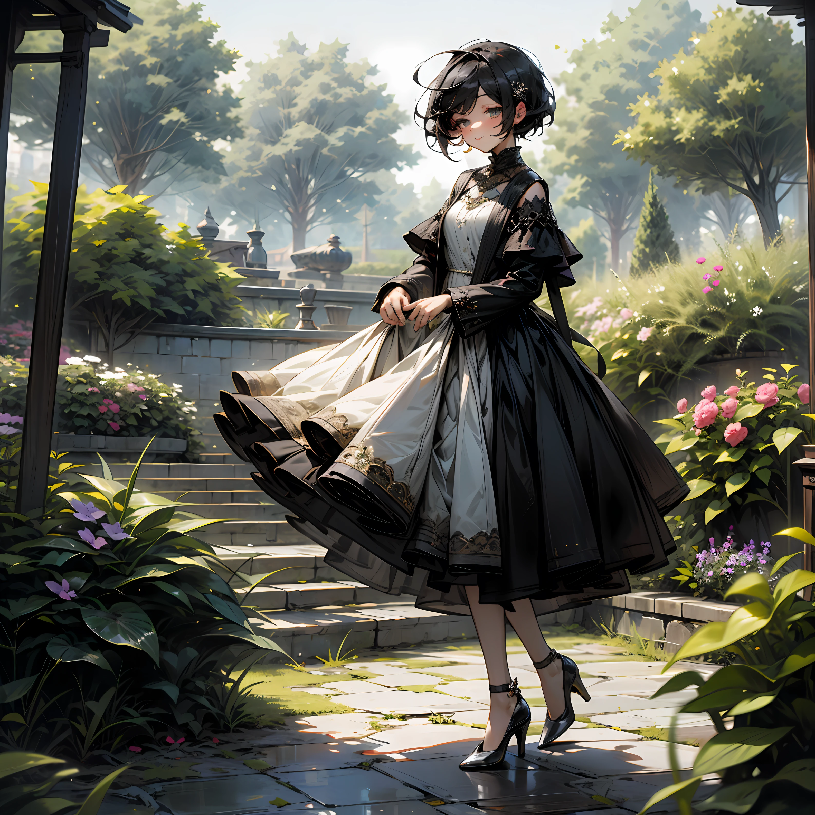 black shiny short hair, long length, modern baggy dress, heels, garden --auto