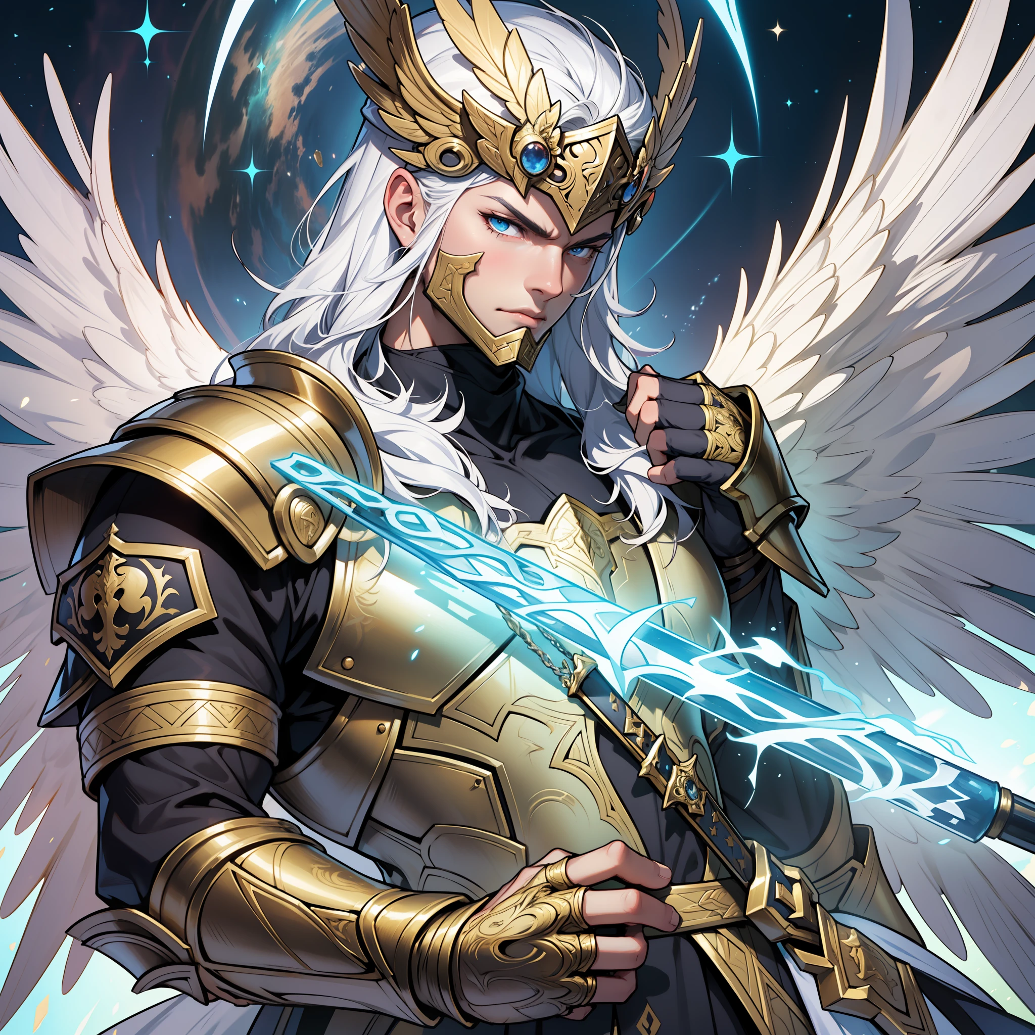 Draw a majestic Celestial Knight, an imposing and powerful figure dressed in gleaming armor. His armor should be predominantly white, with golden details that accentuate his heavenly nature.
The Celestial Knight must wear a helmet with angelic wings, symbolizing his divine connection. Your eyes can be bright, conveying wisdom and compassion. Your facial expression should be serene and noble.
In his hand, he wields a golden war hammer, an imposing and magnificent weapon. The hammer should be large and ornate, with intricate details and divine engravings. It can be adorned with celestial symbols or sacred runes that emanate a soft luminosity.
The armor should have a heavenly aspect, with fluid and elegant lines, which evoke a sense of grace and divine power.
In addition, the Celestial Knight can be enveloped by a divine aura, radiating a soft light around him, symbolizing his connection with the heavenly forces.
Feel free to add other details to the armor or character, such as a flowing white cloak that adds a sense of movement and grandeur. Remember that the main objective is to portray an imposing and noble Celestial Knight, who radiates an aura of justice and protection, while wielding his golden war hammer with dexterity and power.