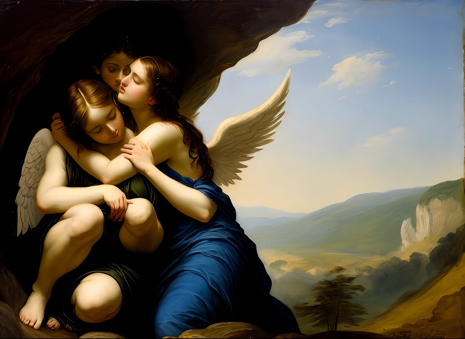 in style of classical art painting, thick and strong stroke of classical art painting, an angel hugging another angel, looking desperately upwards, looking downwards Head buried in ohter's embrace, swing, rock, rocks, The quietly flowing stream in the dark cave,