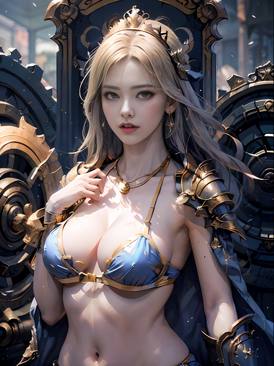 Official Art, Unity 8k wallpaper, ultra detail, masterpiece, best quality, one woman, (very detailed),(RAW photo, best quality),(realistic, photorealistic:1.3),high definition, opening your mouth lightly, ultra-detailed complex 3D rendering of face, (big breasts: 8.8), (highly detailed skin: 1.2), (exposure: 1.1), beautiful caucasian woman with big ass full soft breasts and white skinThe (topless), chest, white hair, yellow eyes, long hair, ( ( ( transparent silk blue micro bikini)), dynamic angle, mystical expression, fire glow effect, fantasy background, rim lighting, side light, cinematic light, ultra high definition, 8k , film grain,best shadow, light particles, detailed skin texture, detailed face, golden eyebrows, ultra detail, watch viewer, gold armor, cleavage, slender abs, holding a shining weapon, holding a beautiful shield, pole dron, (detailed and beautiful huge crown)), glowing eyes, long purple cloak, fantasy, (realistic),