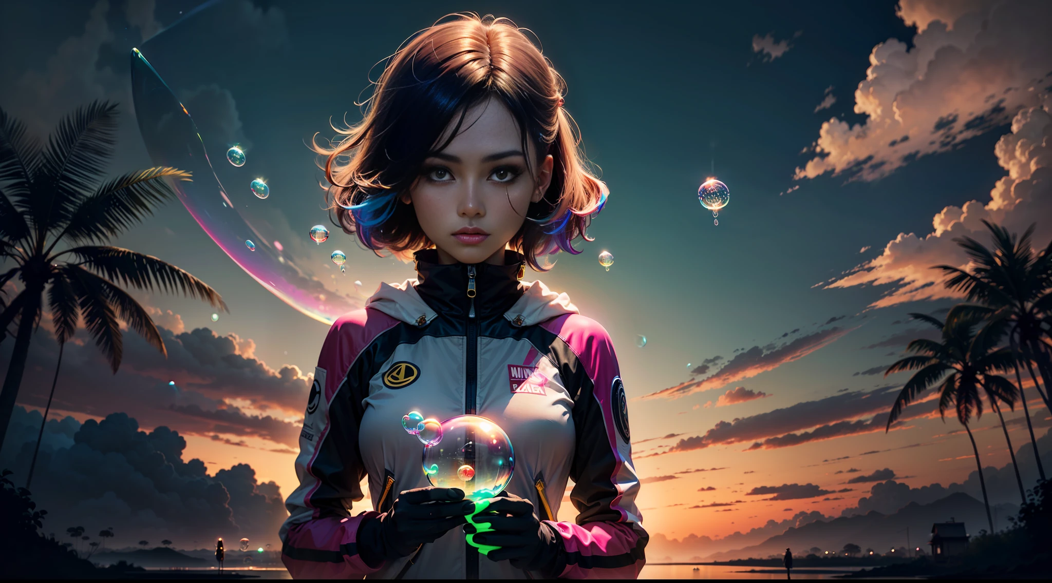hd masterpiece, one standing woman looking at camera, detailed face, mid shot, golden suit, ((colorful clouds)) and (((neon soap bubbles))), jungles background