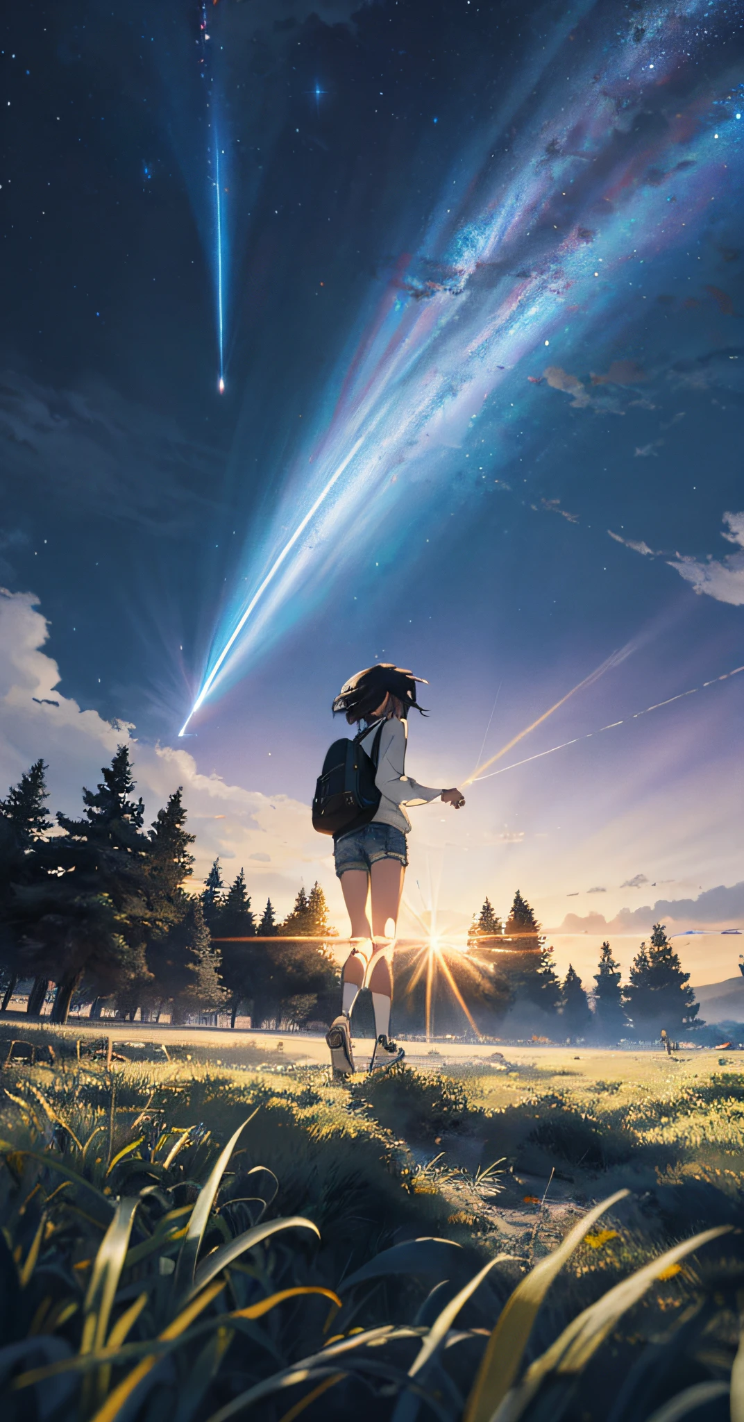 Vast starry sky, beautiful skyline, large grassland, extremely tense and dramatic picture, slender legs, small white shoes, moving visual effects, hanging North Star, colorful natural light. Long-sleeved blouse, denim shorts, a teenage girl carrying a backpack.