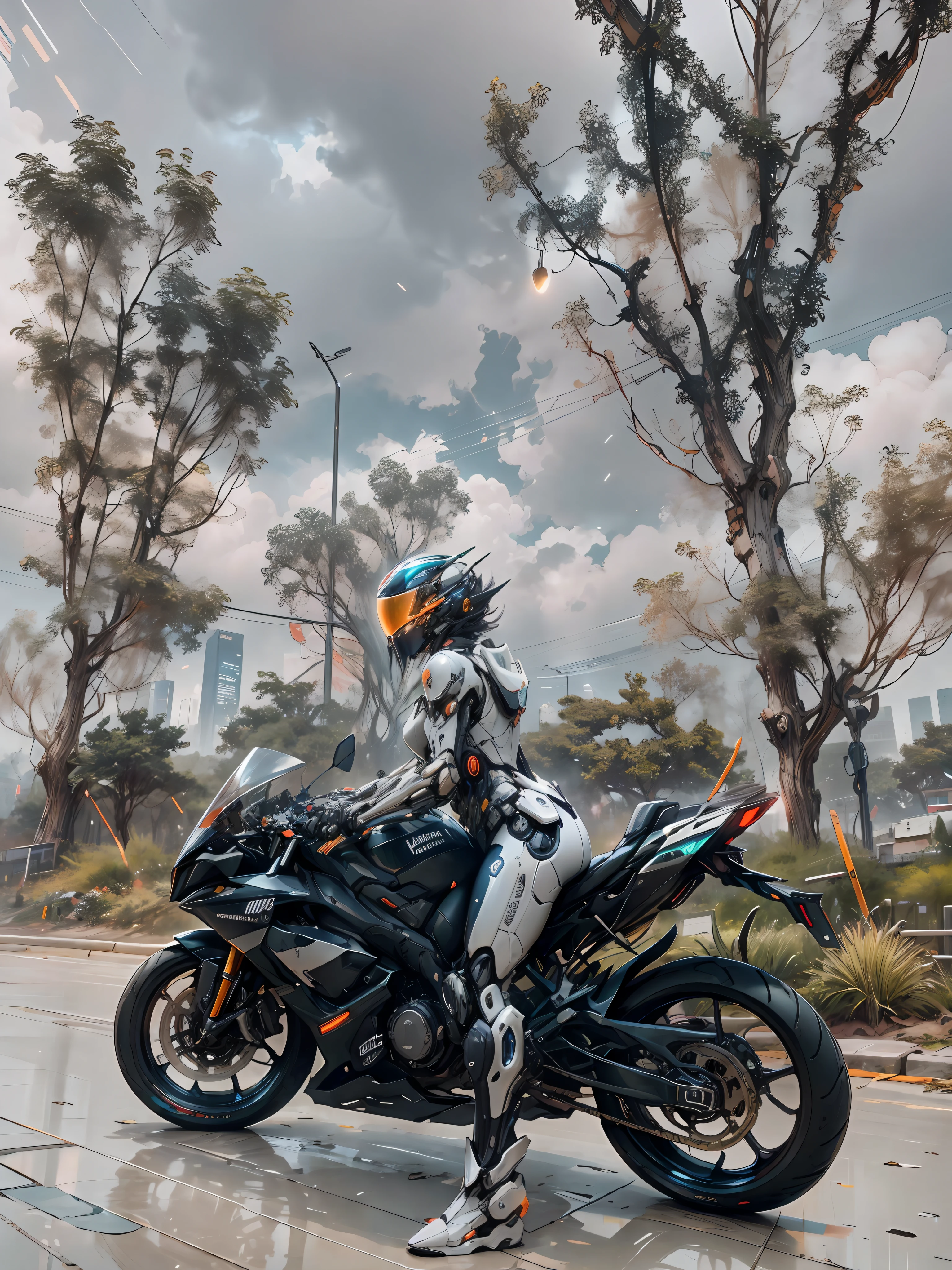 Realistic, shiny, mechanical legs, reflection, bioluminescence, futuristic mecha helmet, mecha, 8K, shocking details, futuristic armor, motorcycle, R6, girl, (((black helmet, reflective lenses)))), SH4G0D, GlowingRunes_red, full body, a woman, (one leg), (one black mechanical leg) wearing a helmet, sitting on a cyberpunk motorcycle, a city in the background, against the background of trees, R6, motorcycle,