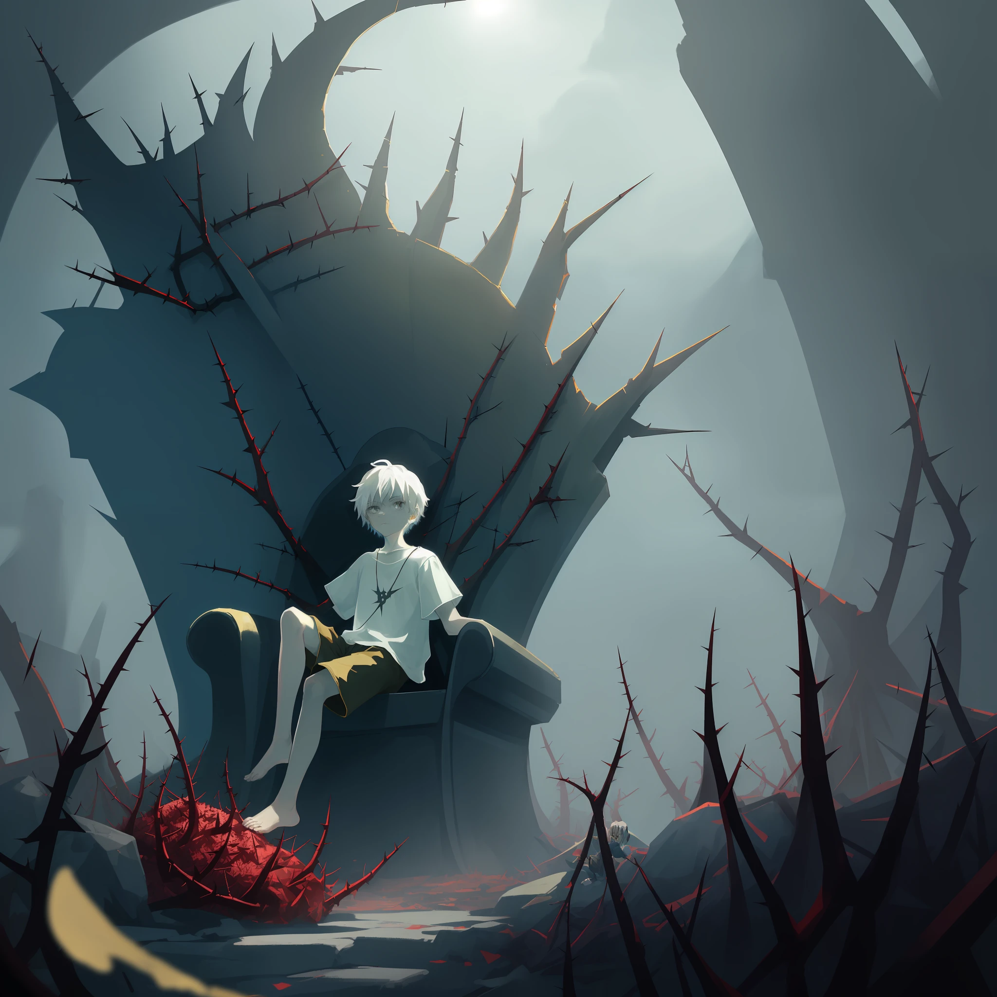(8k), barefoot white-haired cute boy in shabby short-sleeved shorts, sitting on a throne with thorns, terrifying, misty light, dark color, golden section, 2D