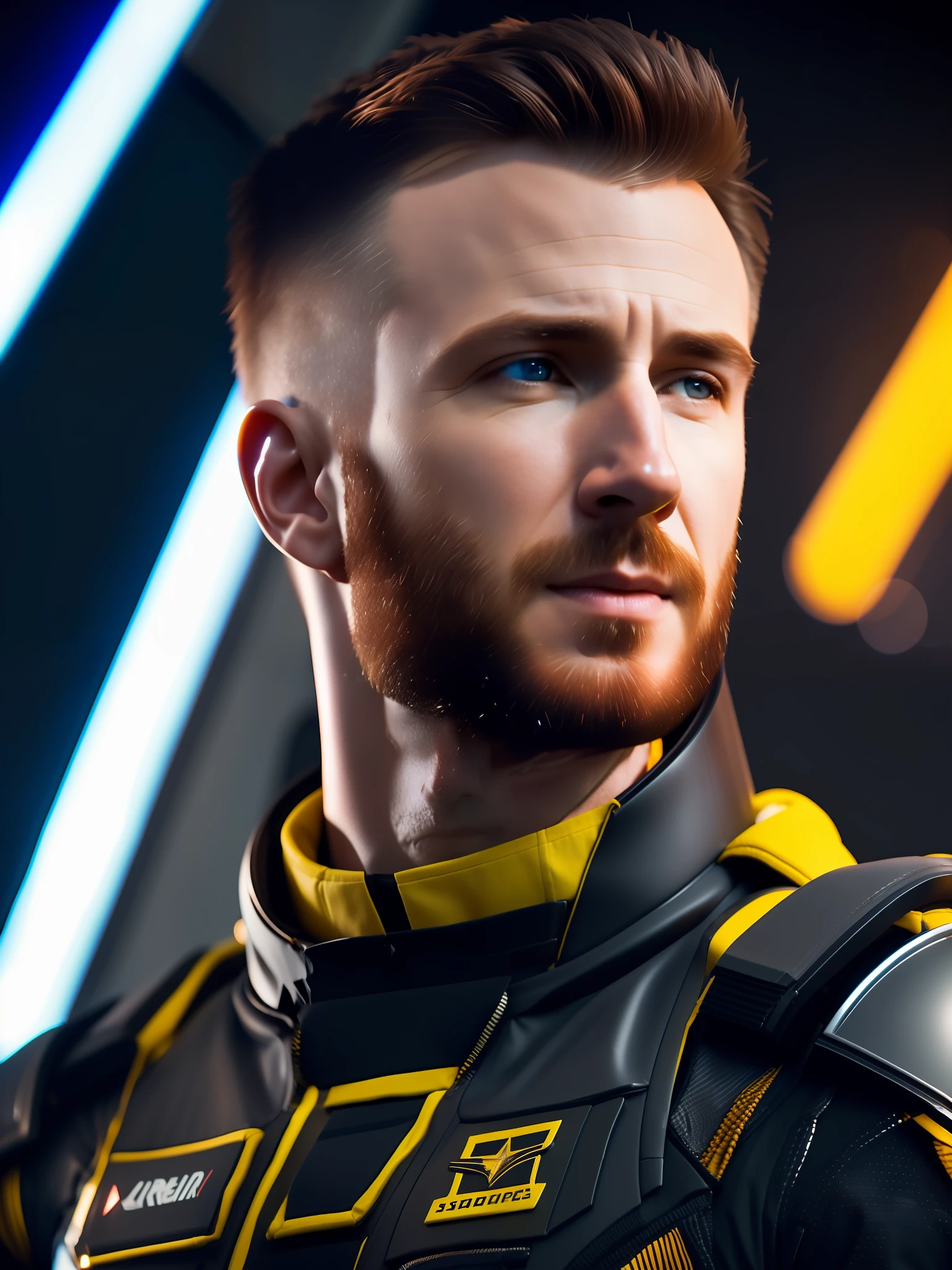 "Chris evans"fking_scifi, award-winning photo of a man, black flight suit with yellow accents, brown hair, (gray eyes:1.35), square jawline, asymmetric face, standing in front of a window on a space ship, 80mm, bokeh, mass effect, close up, fking_cinema_v2