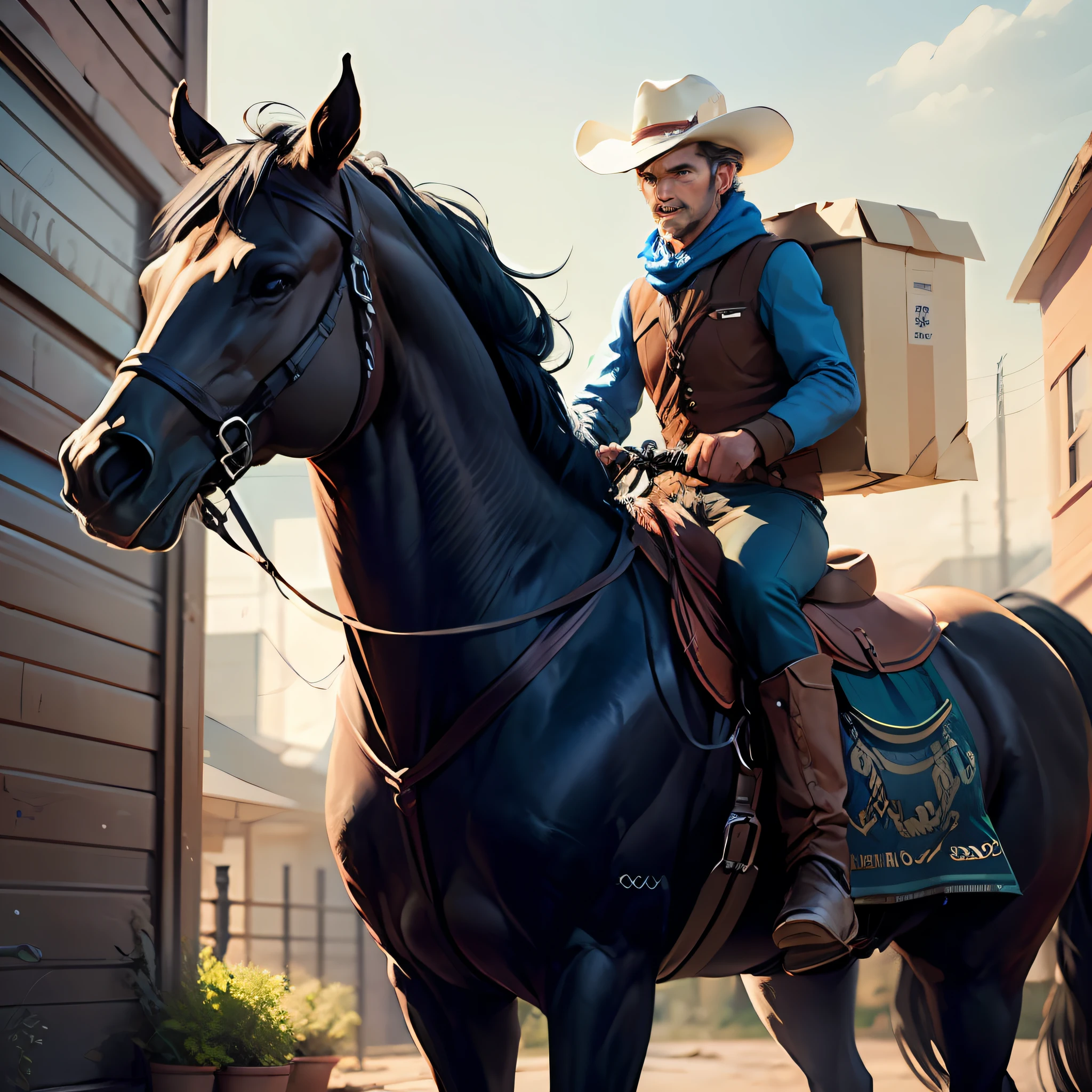 A cowboy, he is dressed in blue, he wears a blue cowboy hat on his head, he rides on horseback, the cowboy holds a courier box in his hand, the horse is blue, Pixar style --auto