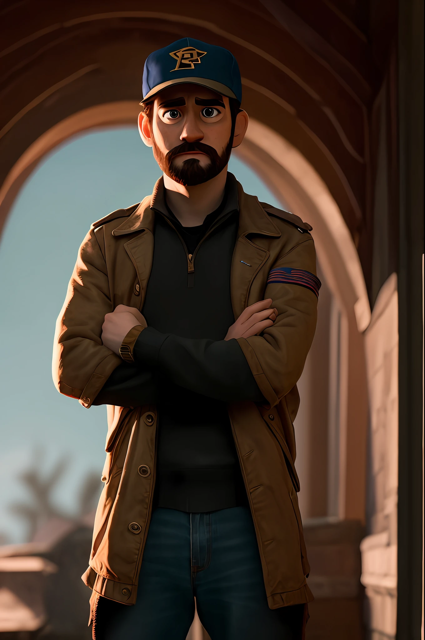 (Ultra wide-angle lens), (Best masterpiece), 8K, male character, 3d, animated, pixar, realistic, detail in SF cap