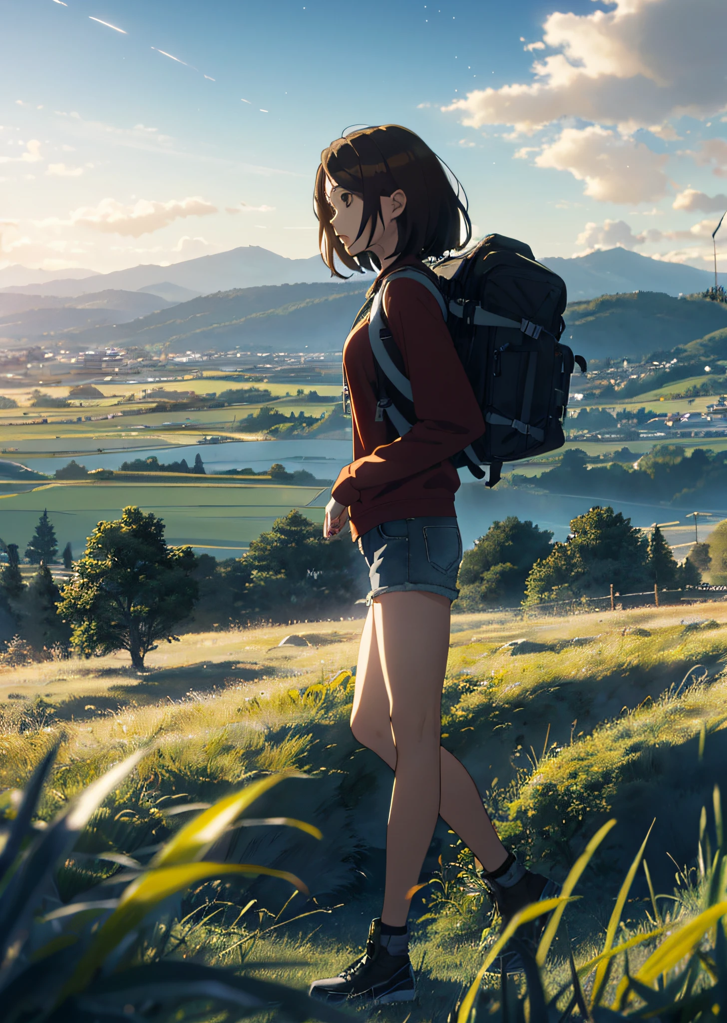 (beautiful and magnificent skyline, majestic sky), (extremely tense and dramatic pictures, moving visual effects), (high hanging Polaris, colorful natural light), (1girl), (long-sleeved top, denim shorts, carrying a backpack), (dynamic pose:1.3, black eyes, black hime-cut hair, sparkling girl)[:0.8], (large grassland), (oncoming breeze), (brown hair and background Coordination effect: 1.2), (close shot, long shot mix and match)[::0.9]