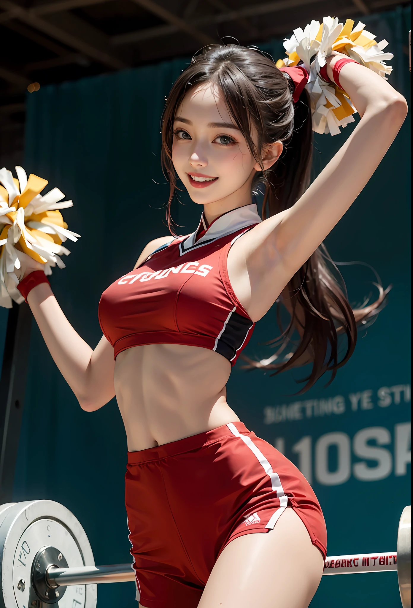 1girl, flowing long ponytail, cheerleading uniform, gym, long hair, looking at the camera, smiling, armpits,