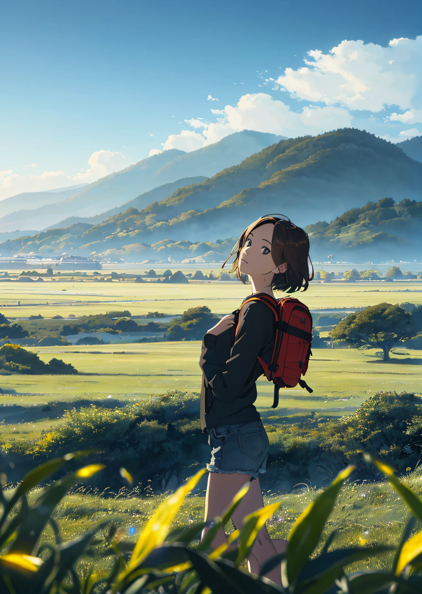 (beautiful and magnificent skyline, majestic sky), (extremely tense and dramatic pictures, moving visual effects), (high hanging Polaris, colorful natural light), (1girl), (long-sleeved top, denim shorts, carrying a backpack), (dynamic pose:1.3, black eyes, black hime-cut hair, sparkling girl)[:0.8], (large grassland), (oncoming breeze), (brown hair and background Coordination effect: 1.2), (close shot, long shot mix and match)[::0.9]