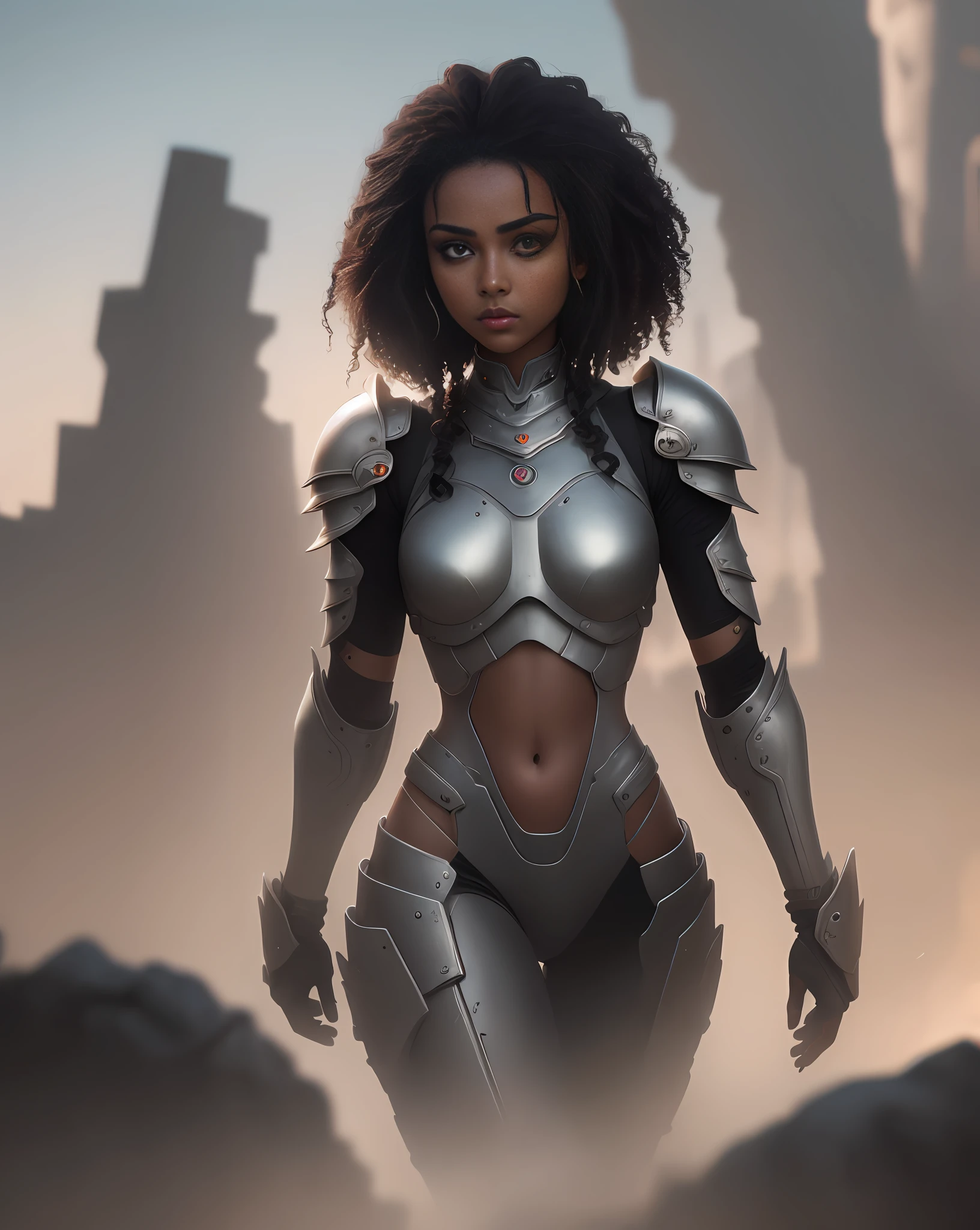 (best quality, masterpiece), A beautiful brown woman, futuristic armor, black curly hair, black eyes, futuristic war background, backlit, rimlight, perfect composition, raudha athif,