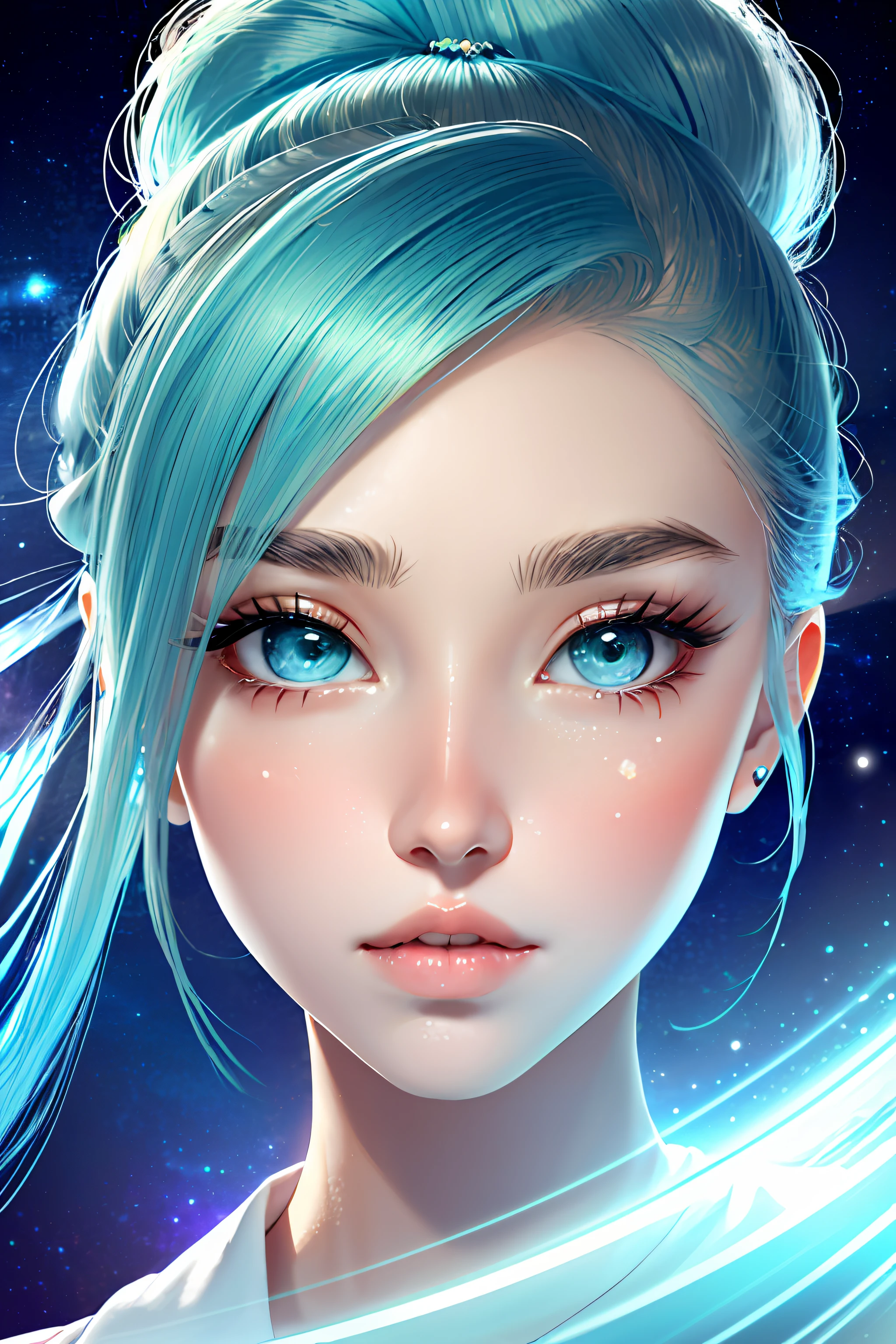 1girl, solo focus, 1girl, skin imperfection, light fair skin, perfect face, puffy face, beautiful face, big eyes, puffy eyes, green eyes, perfect eyes, eyelashes, medium space buns ombre hair