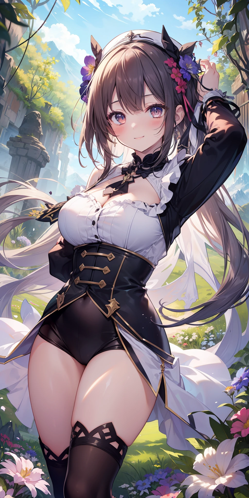 ((masterpiece)), ((best quality)), ((Atelier Ryza Ever Darkness & The Secret Hideout Game)), girl, ((reisalin stout character)), ((beautiful body)), pale skin, ( (eyes)), eyebrow, ((ear)), happy, smile, hair, ((hair highlights effect)), ((clothing)), (arms), thin waist, ((thick legs)), ( (big thigh)), standing, ((background scenery)), ((fantasy world)), ((magic world)), ((seeing)), ((hair swinging)), ((field of flowers )), ((mountain)), ((leaves flying)), ((beautiful day)), pov, ((viewer's view)), ((want to hug)), ((blush)), lustful,