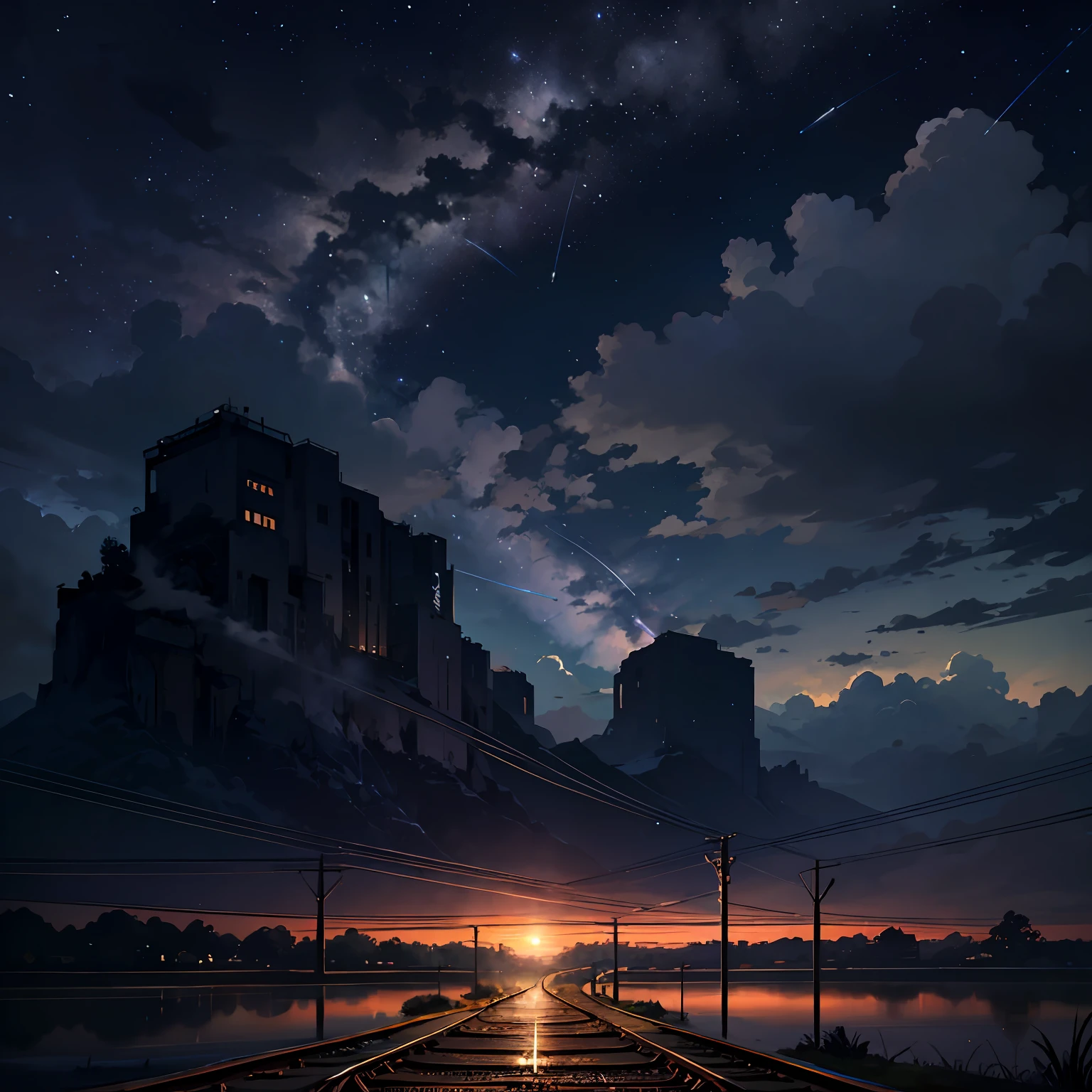 High quality masterpiece, landscape, anime train passing through bodies of water on tracks, bright starry sky. Romantic train, pixiv, concept art, lofi art style, reflection. by Makoto Shinkai, lofi art, Beautiful anime scene, Anime landscape, detailed scenery —width 672, in style of Makoto shinkai, style of Makoto shinkai, enhanced details. --auto