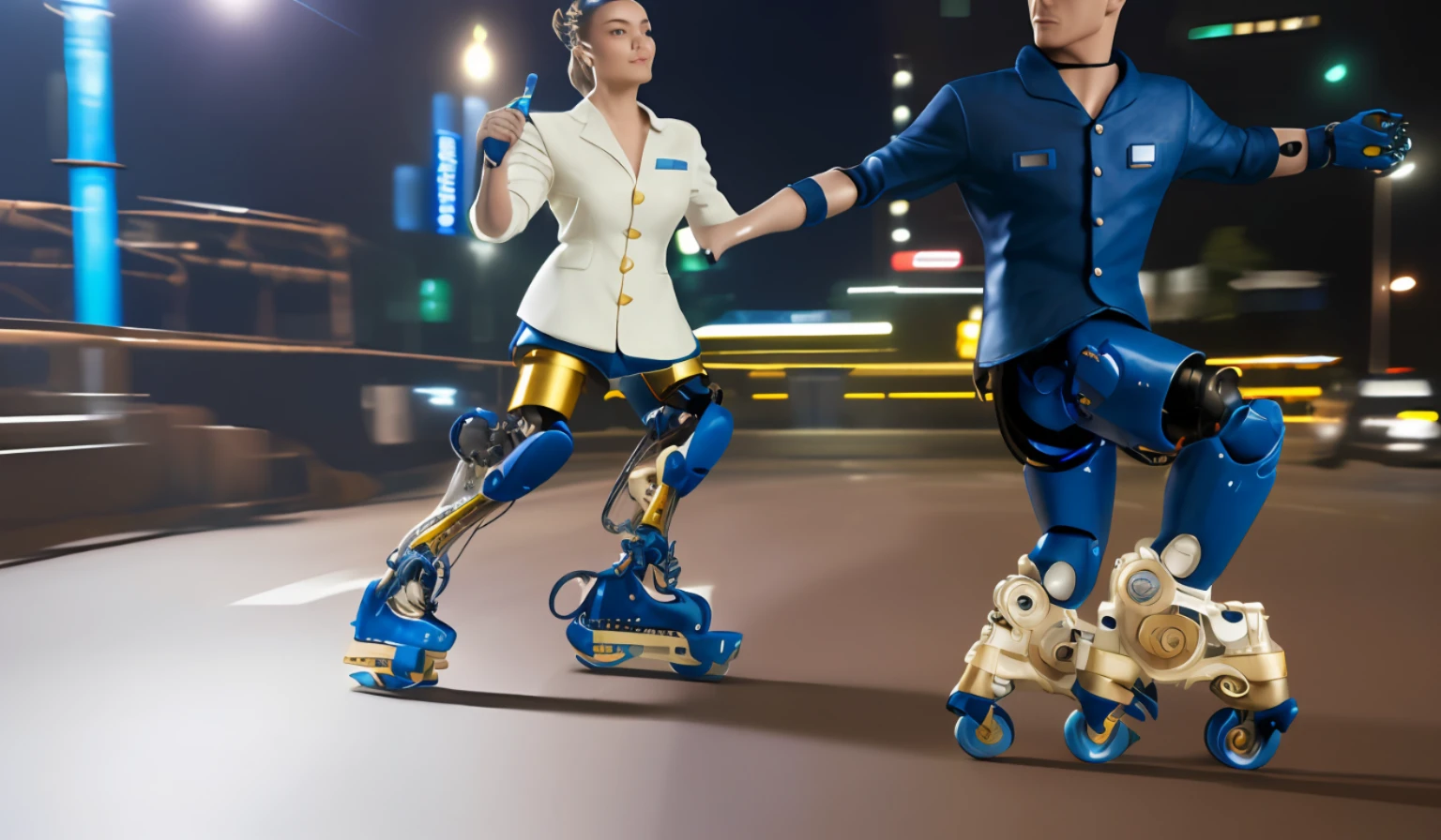 (8k, RAW photo, best quality, masterpiece:1.2), (realistic, photo-realistic:1.4), (ultra_highres), (ultra-detailed), a group of teenagers riding roller skates in cyberpunk city at night time, with one person holding the hand of the other, beautiful face, taiwanese, blonde hair, top knot,long hair, ((hairpin)), slick back,
((cyborg, android)), cyberpunk, ((indigo porcelain cover)), electric wire, robotics, (exoskeletons, mechanical upgrades, bionic limbs:1.2), prosthetic technology, ((indigo body parts)), medium breasts, gold rims, platinum rims, mechanical, shimmering led,
japanese family coat, sleeveless, indigo, short socks, Kamon,
standing, robotic arms around knees, 
metal steel building, street,