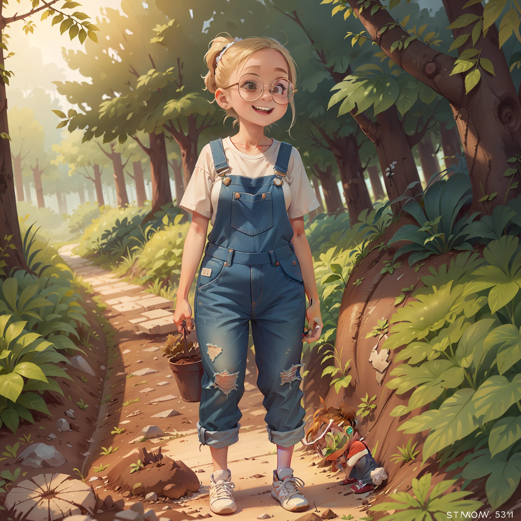A beautiful 15-year-old girl, blonde hair, ponytail, blue overalls, white sneakers, prescription glasses, looked happy. standing, (((soil)))