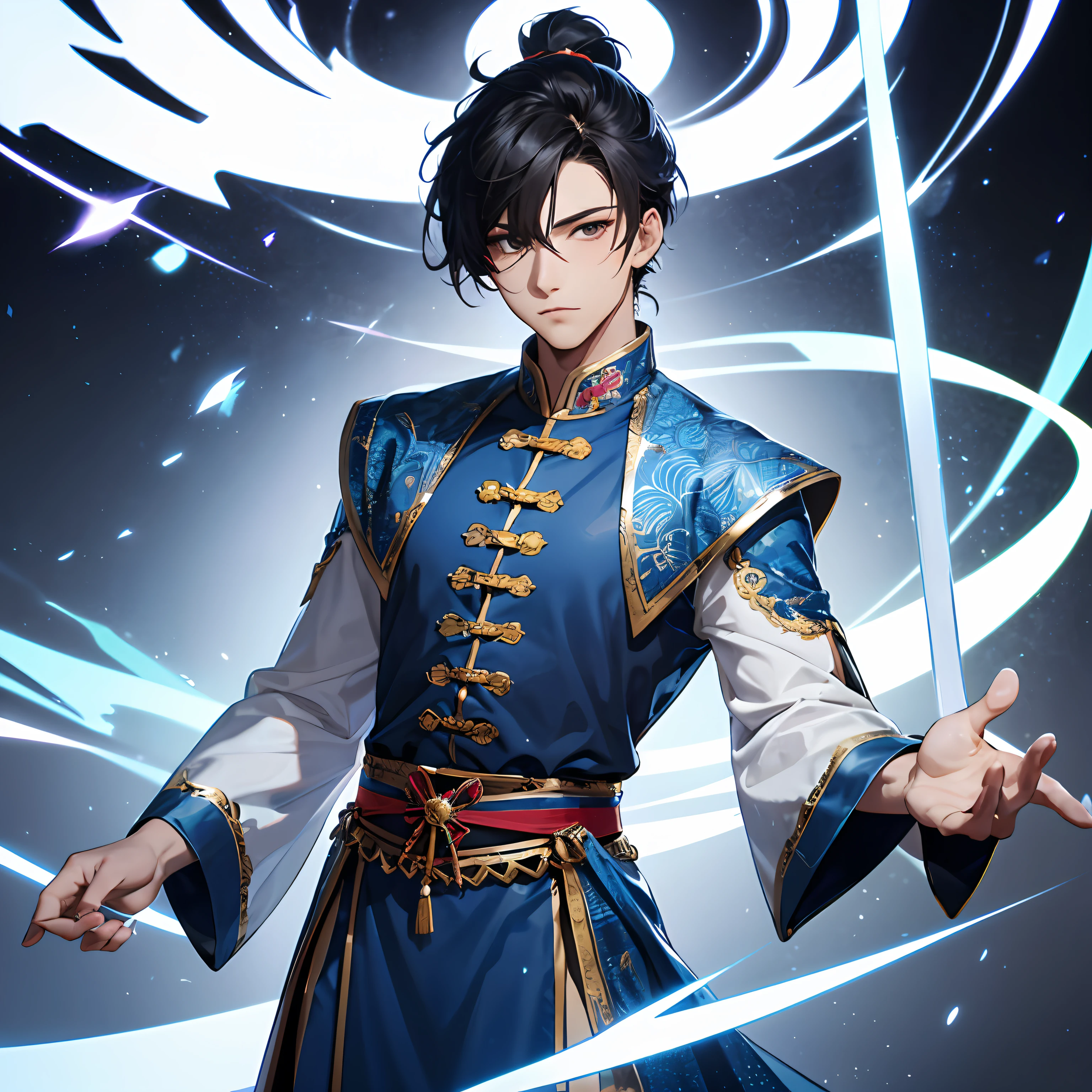 2D, perfect, high quality, handsome, boy, male, black hair, high ponytail, long sideburns, tall, gray and blue tunic, aura surrounding, Chinese costume --auto