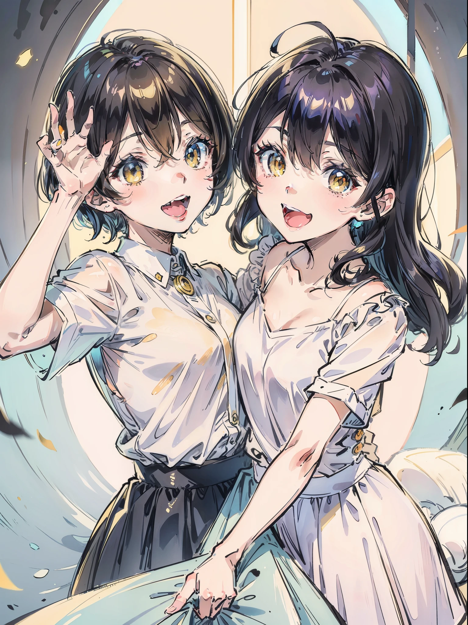 Two-dimensional, loli, black hair, hair between eyes, slightly curly short hair, yellow eyes, big eyes with a shining god, laughter, small cups, cute, lively and cheerful, white shirt, blue strap skirt,