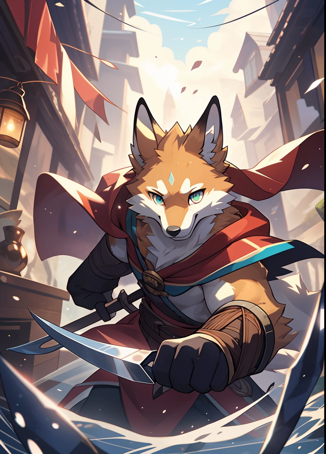 Masterpiece, official art, furry, male, yellow-brown fox, delicate face, cyan eyes, red cape, kerosene lamp, sickle: 1.2, depth of field, perfect lighting, light particles, (best quality), (masterpiece), (hyperdetail), sharp focus, light particles