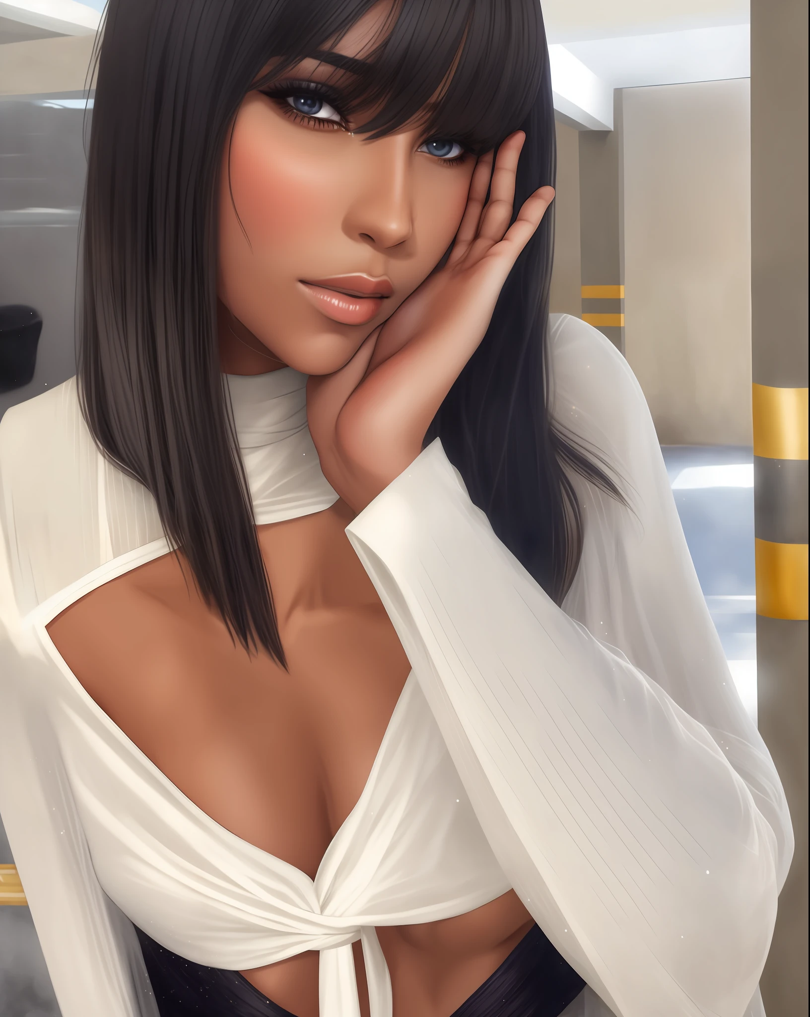 Anime, 8k, realistic, goddess robes, transparent white cloth, tattooed, halo, piecing nose, black skin, thin lips, shiny hair, environment Ancient Egypt, mummies