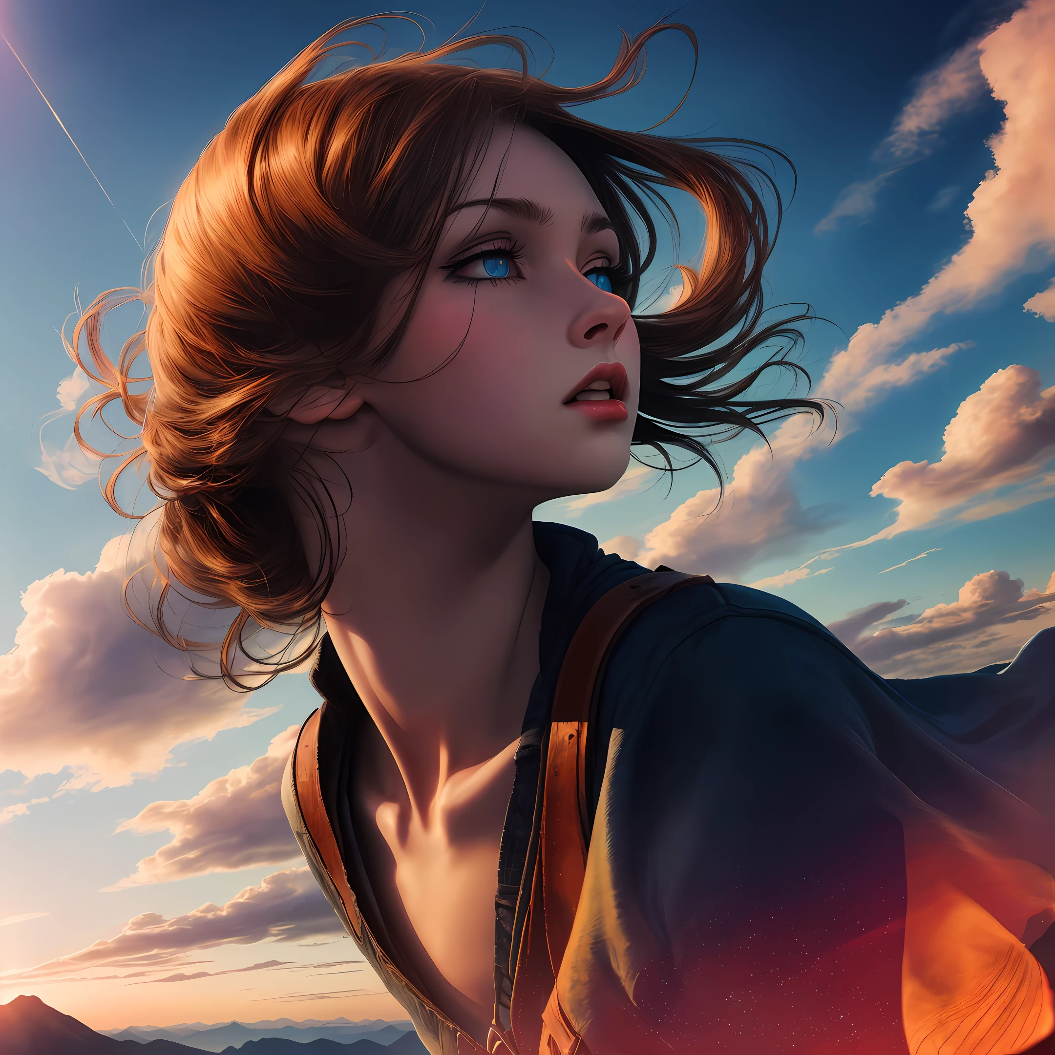 absurdres, highres, (official art, beautiful and aesthetic:1.2), close view,
shining sky, vast world, girl, gazing, awe-inspiring expression, distant horizon, clouds, high hill, natural beauty, inspiration, light effects,