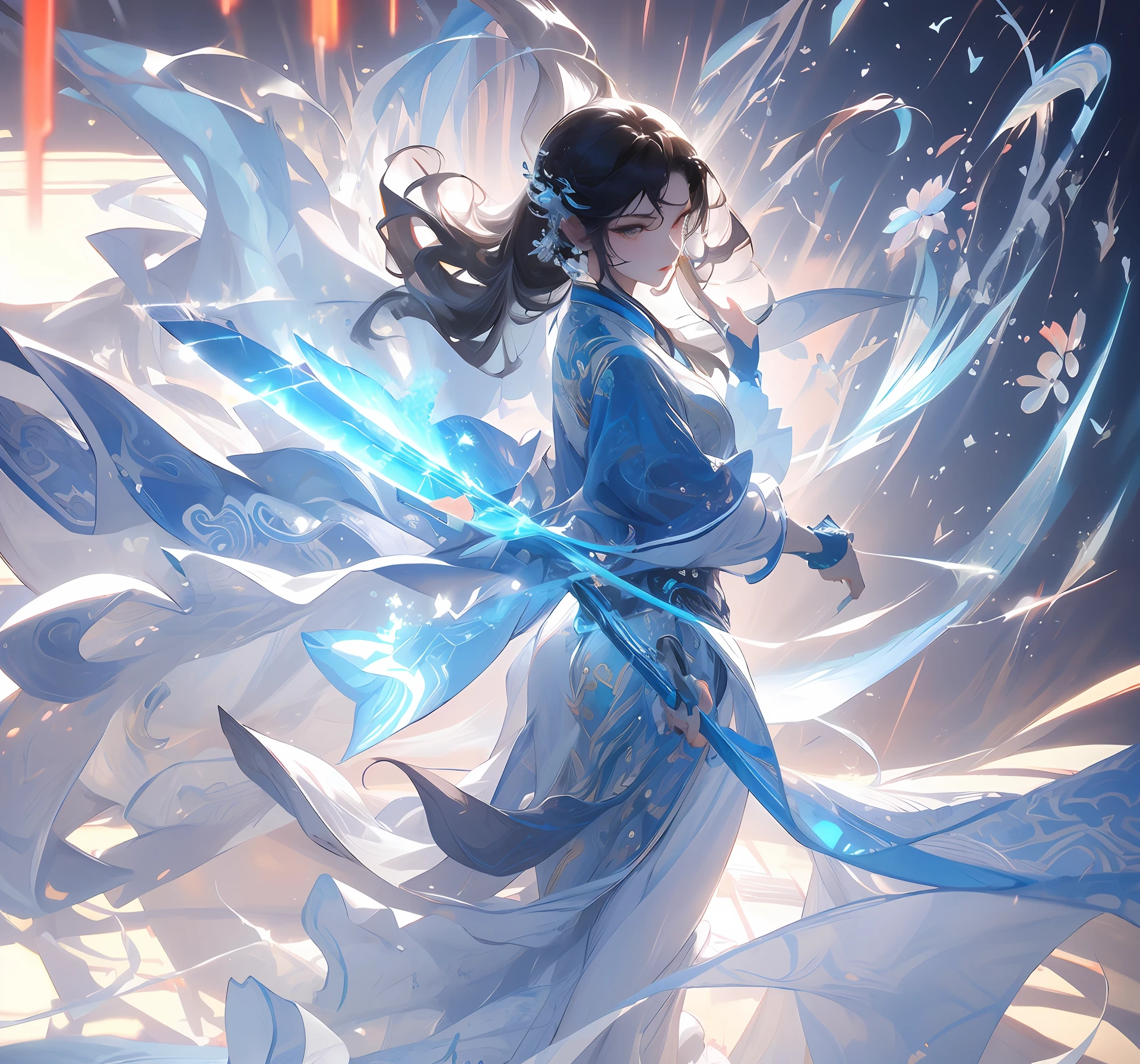 Close-up of a woman holding a sword in a blue dress, Mu Yanling, Queen of the Sea, Asian Female Water Element, Ice Witch, Clear Facial Features, Full Body Immortal, Inspired by Li Meishu, Yang J, Jellyfish Priestess, 3D Rendered Character Art 8K, inspired by Ai Xuan, Beautiful Celestial Mage, Yun Ling