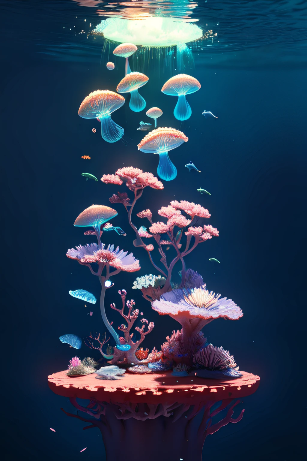 Masterpiece, best quality, (very detailed CG unity 8k wallpapers), (best quality), (best illustrations), (best shadows), marine theme with natural elements. Tall mangroves, rich marine plants, glowing jellyfish, surrounded by schools of fish, glowing particle effects,, (marine plants), (ocean theme), ((luminous algae)), (coral), ((glowing jellyfish )), ((Glow Creatures in Seawater)), ((Sea Fire)), (((Particle Effect))), Isometric 3D, Octane Rendering, Ray Tracing, Super Detailed