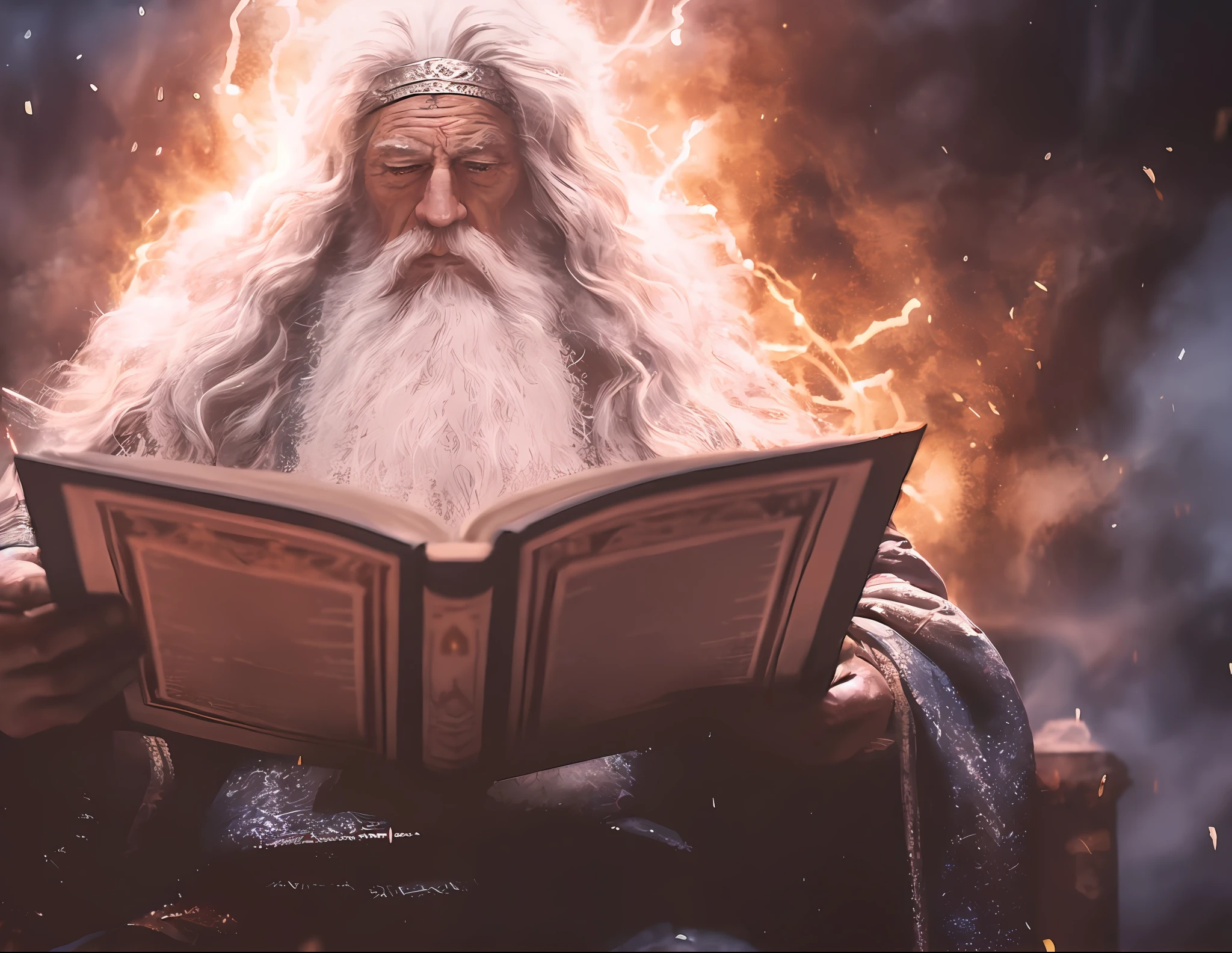 a close up of a man with a long beard reading a book, wizard sits reading at a desk, wizard reading a directory, spell casting wizard, wizard casting a spell, an arcane wizard casting a spell, gandalf casts a lightningbolt, wizard hat cinematic lighting, dumbledore, wizard doing a tarot reading, wizard themed, still from a fantasy movie