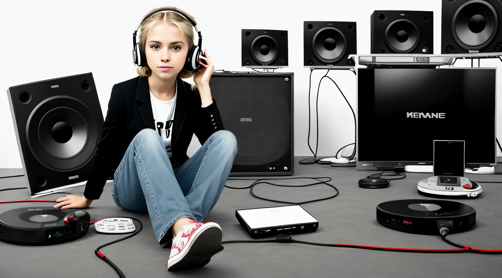 mENINA BLONDE CHILD, PORTRAIT, INFINITE WHITE BACKGROUND, ON DISCMAN FLOOR, MP3, WALKMAN.