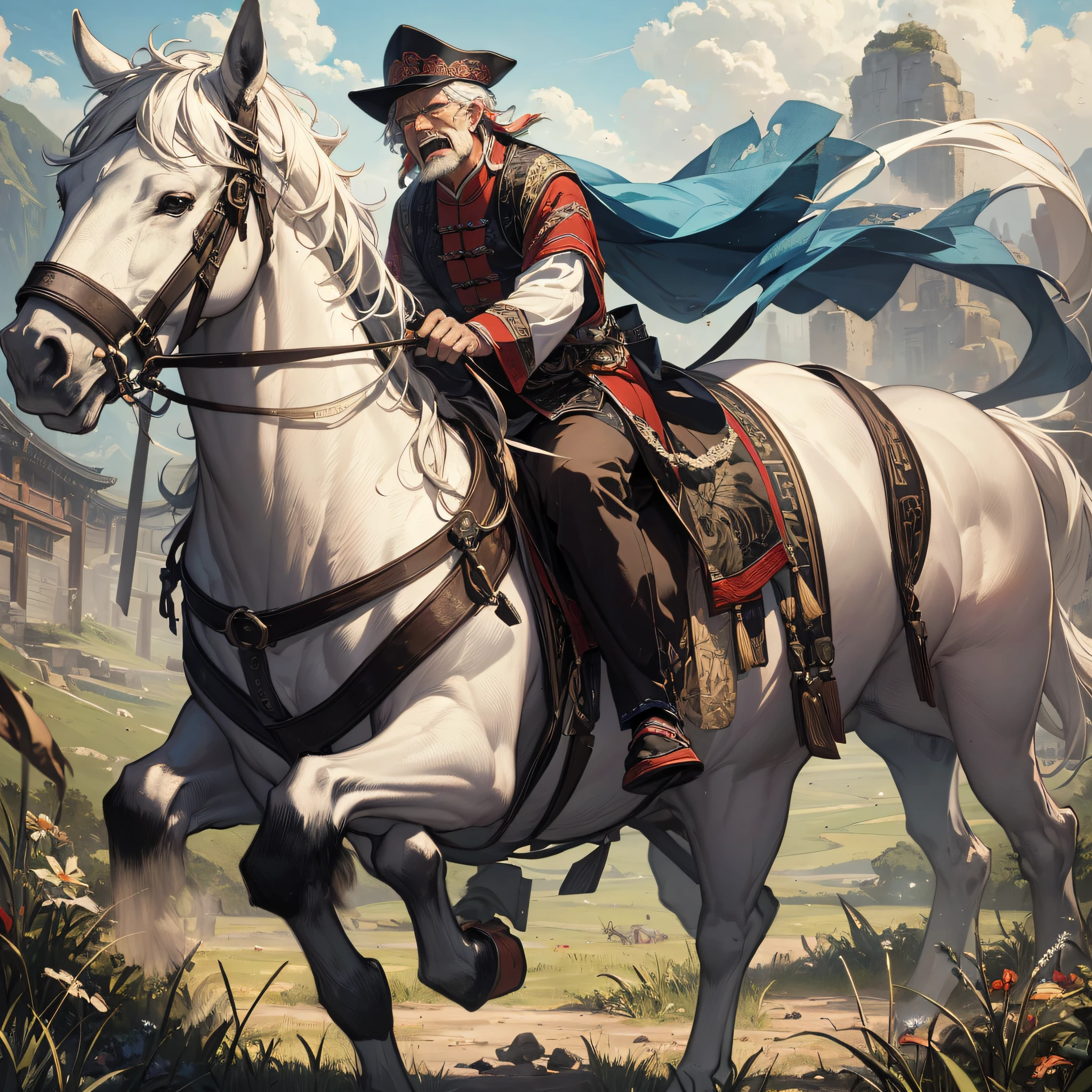 Absurd resolution, high resolution, (masterpiece: 1.4), hyper-detail, ancient China, prairie, middle-aged man dressed savagely, riding a horse, crying expression
