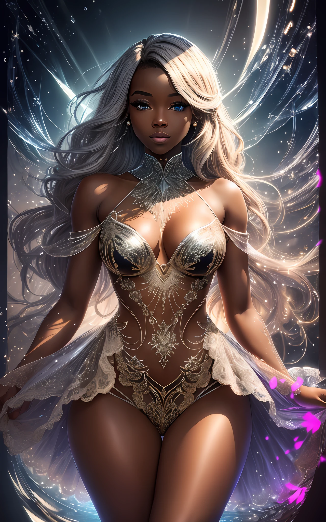award winning 64k concept art of (ebony 1girl:1.3) in majestic open dress made of flowers bravely, posing, hills, epic, god rays, centered, upper body, (masterpiece:1.2), (best quality:1.3), Amazing, highly detailed, beautiful, finely detailed, warm soft color grading, Depth of field, extremely detailed 64k, fine art, stunning, iridescent, (shiny:1.2), (light reflections:1.3), (crisp:1.6), silver curls, spring, vibrant, sunlit, (edge detection:1.4), absurdres, impressive, 120mm, outlining, wide thighs, glittering, lights