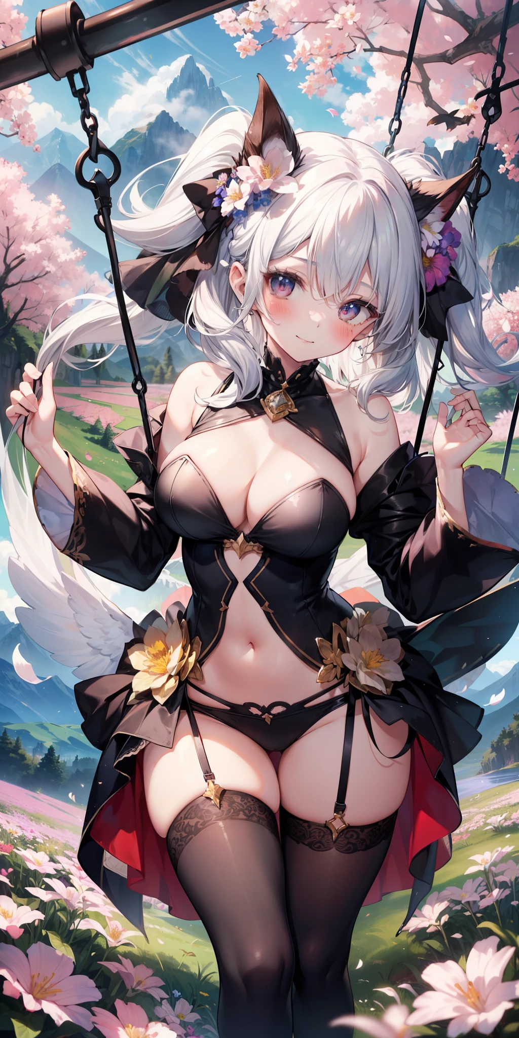 ((masterpiece)), ((best quality)), girl, ((reisalin stout character)), ((beautiful body)), pale skin, ((eyes)), eyebrow, ((ear)), happy , smile, hair, ((hair lights effect)), ((clothing)), (arms), thin waist, ((thick legs)), ((big thigh)), standing, ((background scenery )), ((fantasy world)), ((magical world)), ((seeing)), ((swinging hair)), ((flower field)), ((mountain)), ((flying leaves) ), ((beautiful day)), pov, ((viewer view)), ((want to hug)), ((blush)), lascivious,