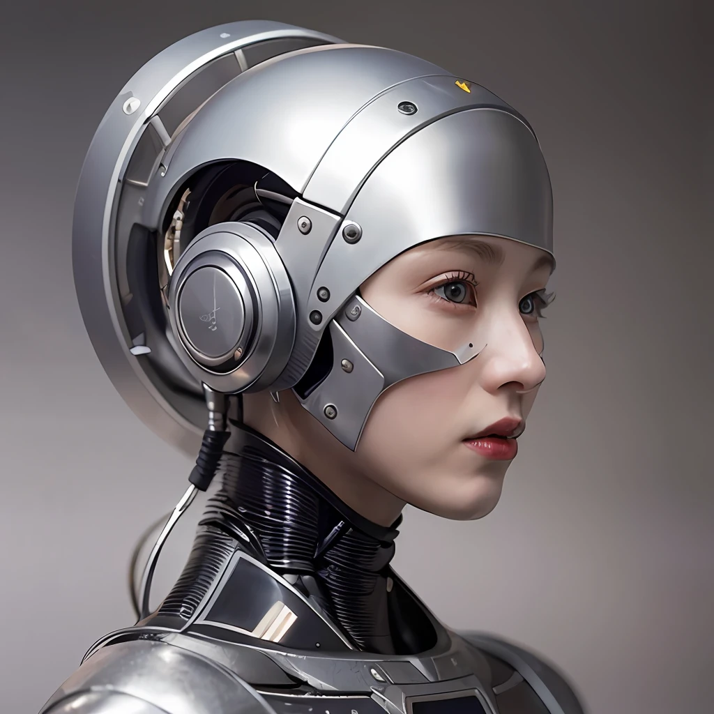 (Top Quality, 8k, 32k, Masterpiece, UHD: 1.2), Japan Beauties Complex 3D Rendering Beautiful Porcelain Profile Ultra Detail Female Android Face, Cyborg, Robot Parts, 150mm, Beautiful Studio Soft Light, Rim Light, Vivid Detail, Gorgeous Cyberpunk, Race, Ultrareal, Anatomical, Facial Muscles, Cable Electrical Wire, Microchip, elegant, beautiful background, octane rendering, HR giger style, 8k, top quality, masterpiece, illustration, very delicate and beautiful, highly detailed cg, unity, wallpaper, (realistic, photorealistic: 1.37), amazing, fine details, masterpiece, best quality, official art, highly detailed cg unity 8k wallpaper, absurd, incredibly absurd, robot, Silver Halmet, Full Body,