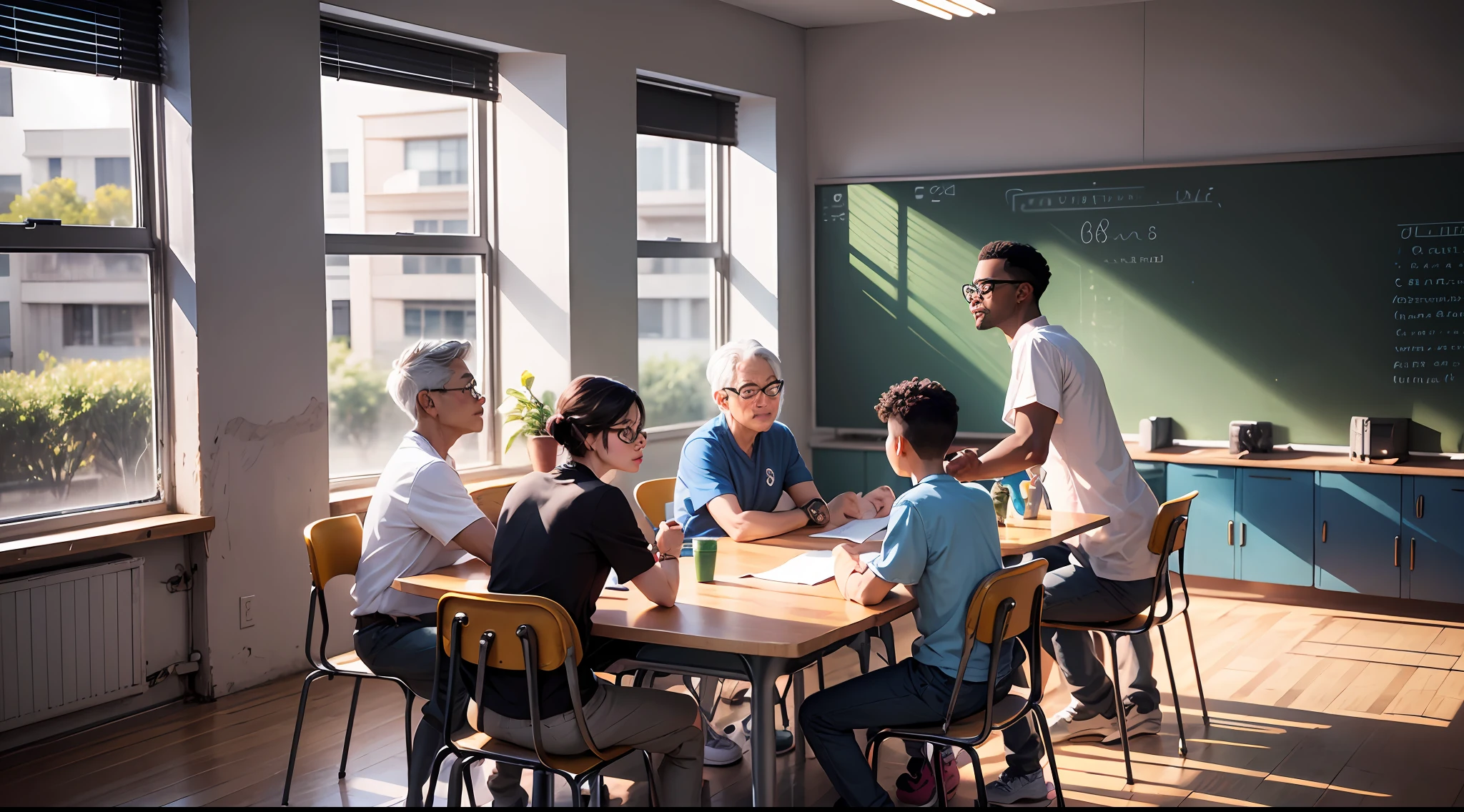 Asian , black child two adults teaching the school assignment, in the corner of the room, LED tv, 50", school board in the other corner of the room, the child is attentive to the school exercise along with the adults, man 35 years, gray hair, glasses, woman of 36 years, black hair, glasses, social clothing, sitting, all at a table, --auto --s2