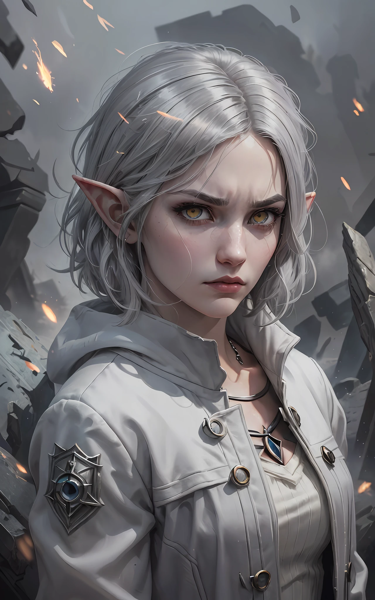 (((masterpiece))), (((best quality))), ((ultra-detailed)), (cinematic lighting), (illustration), (beautiful detailed eyes), (1girl), looking at viewer, depth of field, (((masterpiece, high quality, highres, 1girl, (full body:1.2), detailed background, detailed eyes, good eyes, serious, fog, pose, magic aura, good anatomy, frown))), girl, (elf ears, young, cute face:1.2), (arcane circle:1.3),thin, fragile, straight hair, messy hair, kingsglaive garb, (white with red accents coat, assasin-style coat), adventurer clothes,glowing eyes, (grey hair:1.3), bob cut, (yellow eyes), glow white particles, ruins background