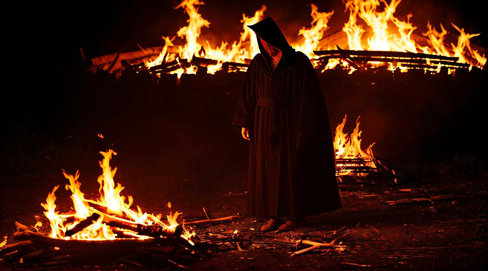 old man wearing a black robe, satanic supper, black hood, in the background a bonfire, image taken at night, --auto