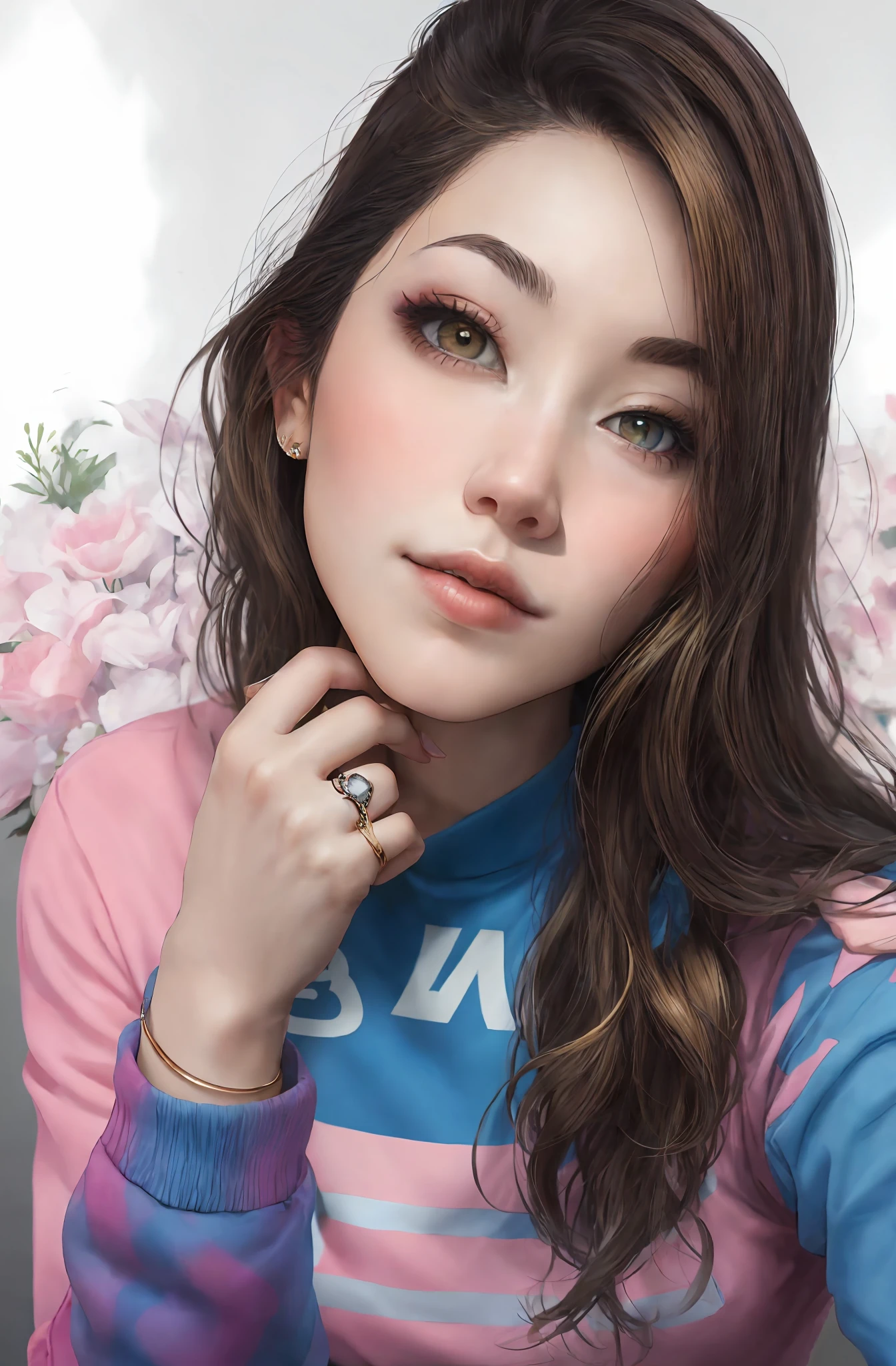 Arafed woman wearing a blue shirt and a ring, Belle Delphine, ayahausca, profile picture, sexy face with full makeup, headshot profile picture, , 30 year old girl, blonde hair, blonde hair,