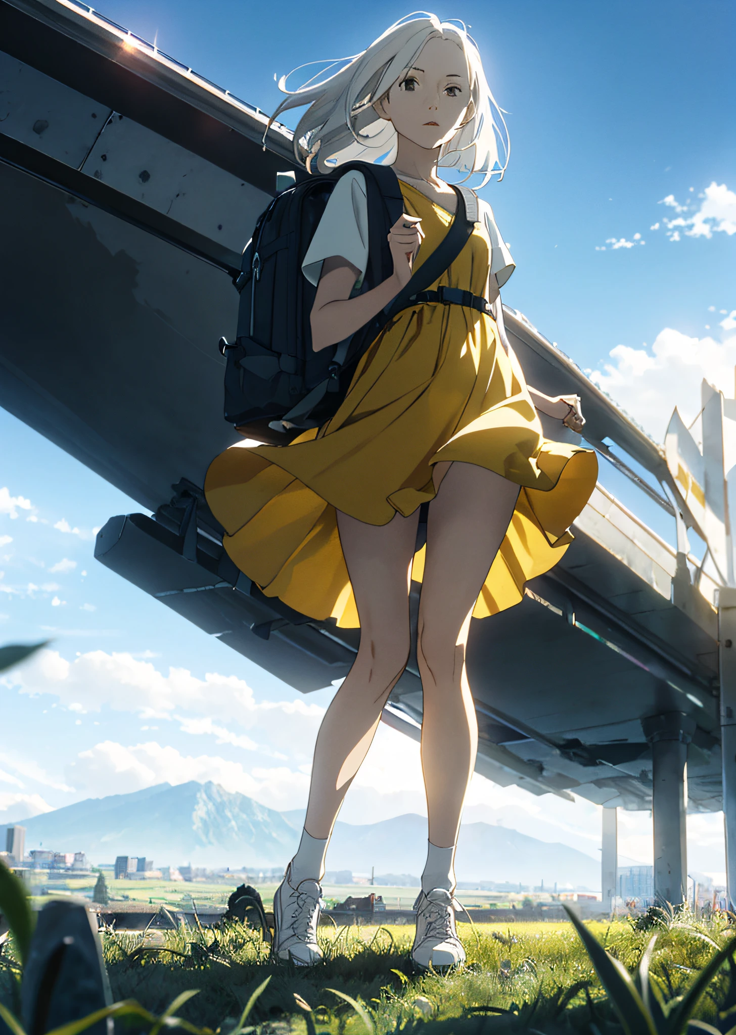 (beautiful skyline, magnificent sky), (very tense and dramatic graphics, moving visuals), (hanging north star, colorful natural light), (1girl), (yellow dress, long white hair, slender legs, small white shoes, carrying a backpack), (dynamic pose: 1.3, black eyes, black hime-cut hair) [:0.8], (large grassland), (oncoming breeze, A majestic mountain in the distance is suspended in the air), (white hair and background coordination: 1.2), (close-up, long shot mashup) [::0.9]