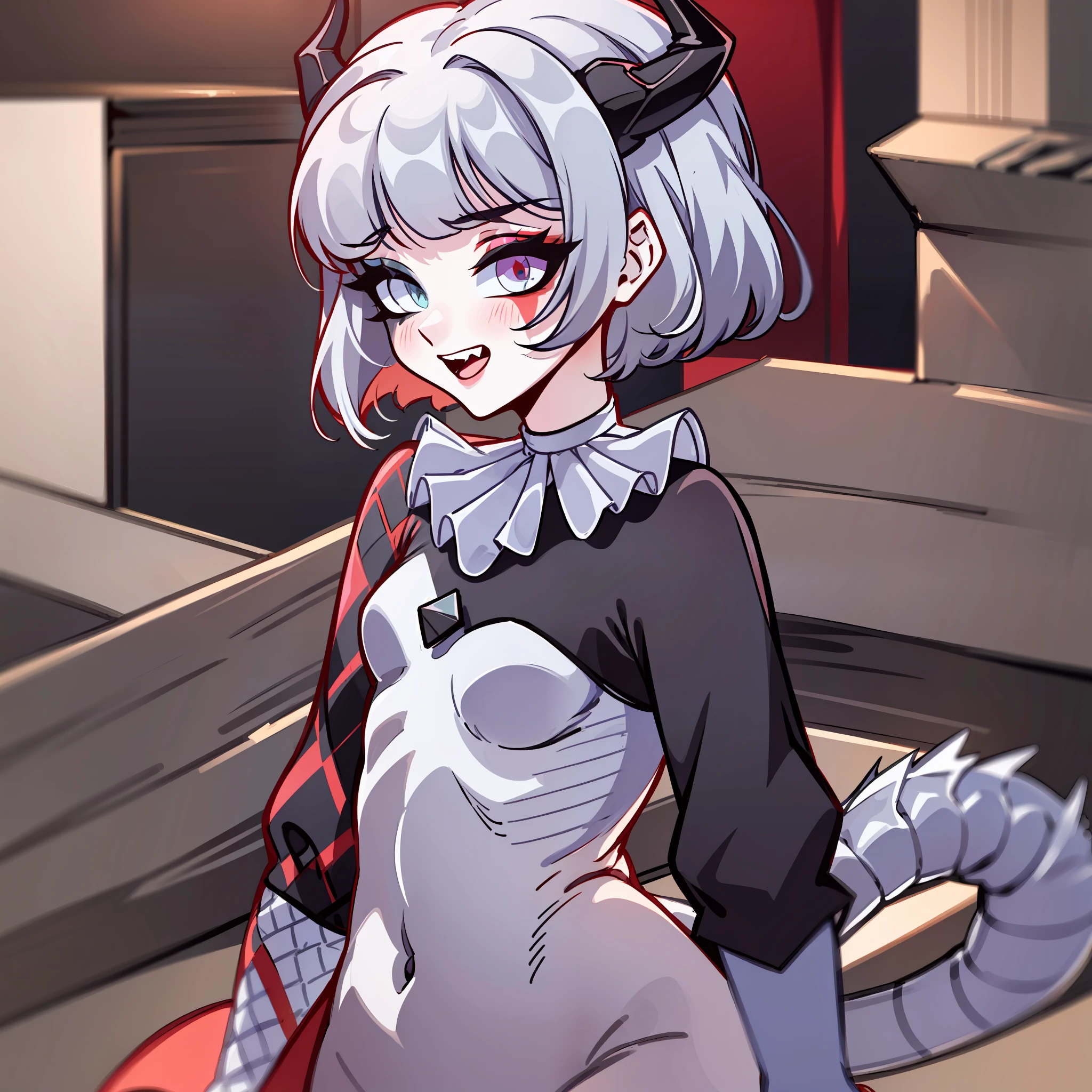 (Best quality: 1.0), (super high res: 1.0), extremely detailed character, detailed Hands, half-dragon girl, horns, scales on the neck, scales on the shoulders, scales on the forearm, scales on the cheek, girl with dragon tail, dragon tail, extremely detailed hair, short hair, ((white hair)), ((black locks)), extremely detailed eyes, eye with different colors, heterochromia, white right eye and black left eye, dragon eyes, 2d, anime art, (()), ((full body)), standing, medieval, rpg, small, cute, fangs